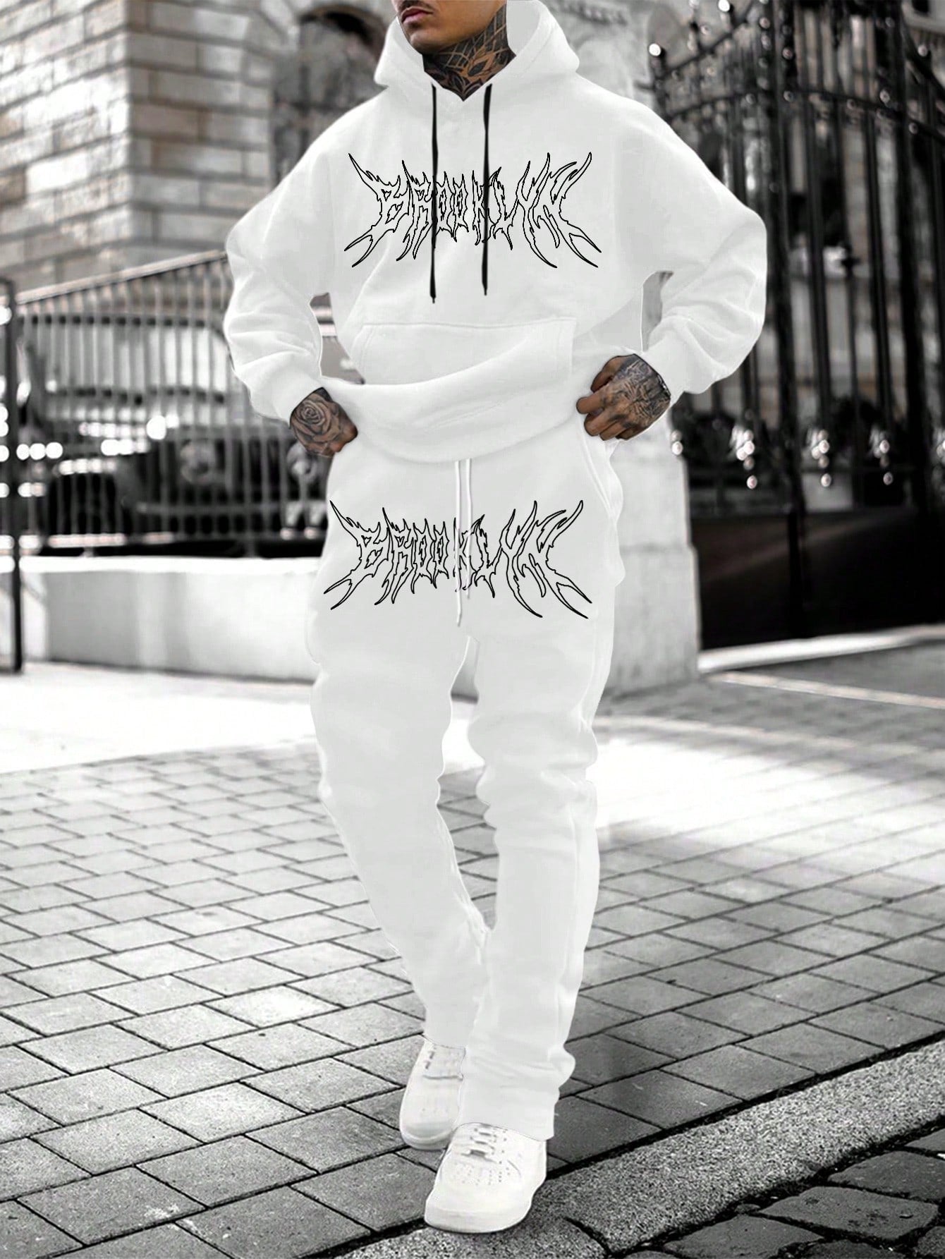 Conjunto Masculino Moletom Estampa Lettering E Calça Jogger Cós Ajustável Branco / PP Conjunto Masculino Moletom