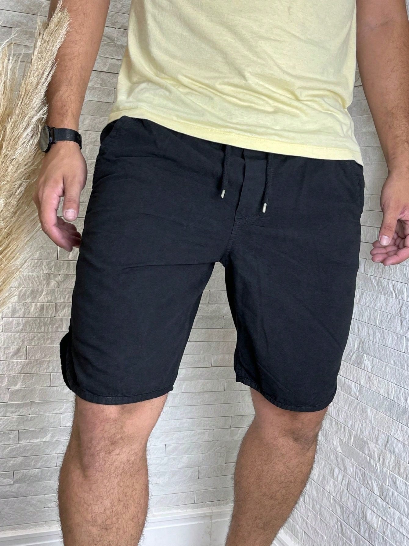 Shorts Masculino Mauricinho De Sarja Com Cadarço E Acabamento Preto / PP Shorts Masculino Mauricinho De Sarja Com