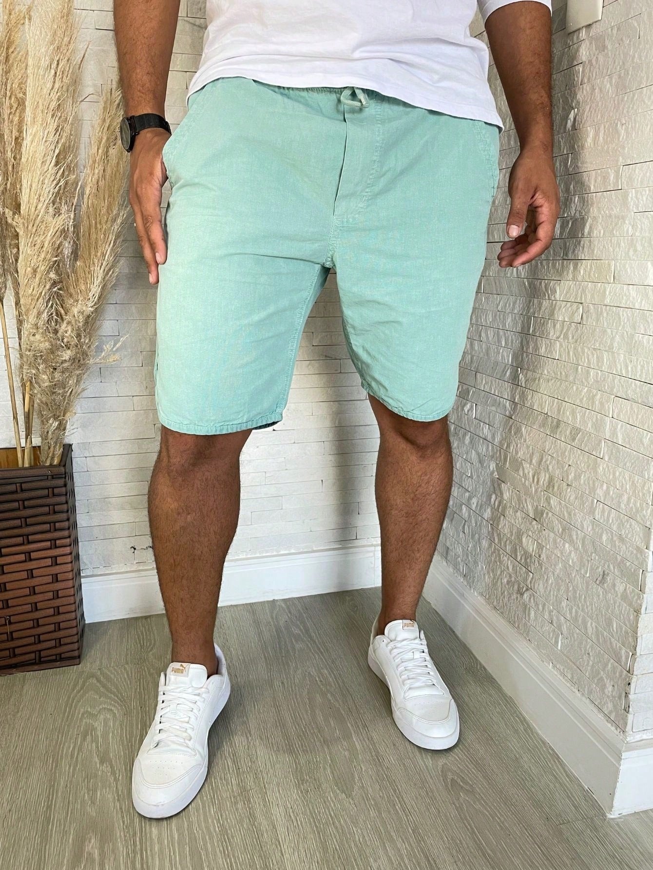 Shorts Masculino Mauricinho De Sarja Com Cadarço E Acabamento Azul Bebê / PP Shorts Masculino Mauricinho De Sarja Com