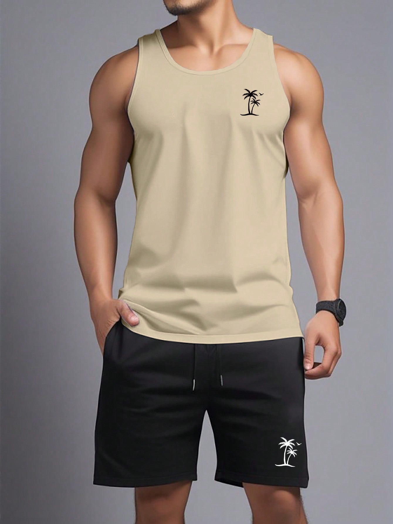 Conjunto Masculino Regata Estampada E Shorts Cós Elástico Caqui / PP Conjunto Masculino Regata Estampada E Shorts Cós