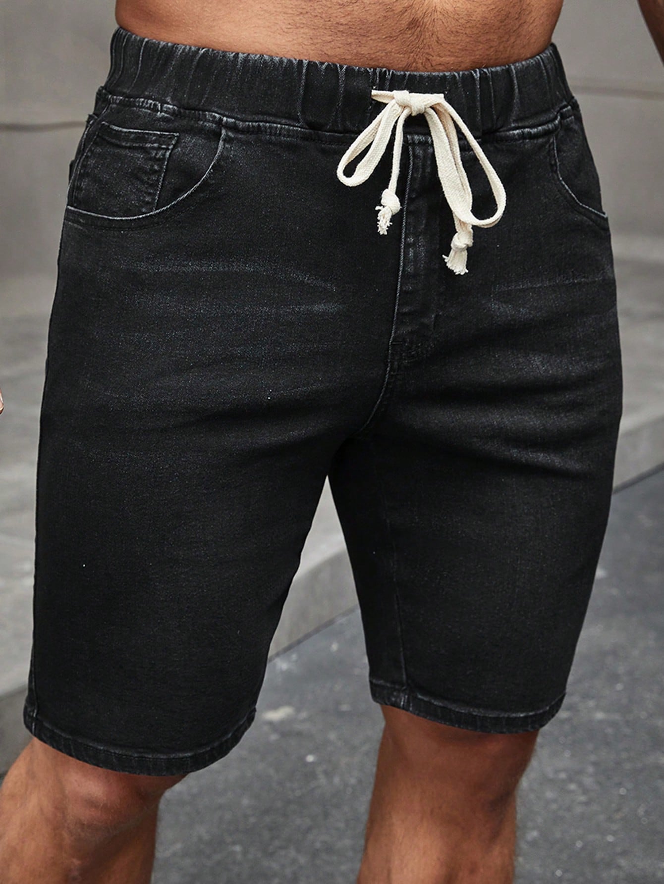 Shorts Masculino Jeans Streetwear Com Cadarço E Bolsos Preto / PP Shorts Masculino Jeans Streetwear Com Cadarço E Bolsos