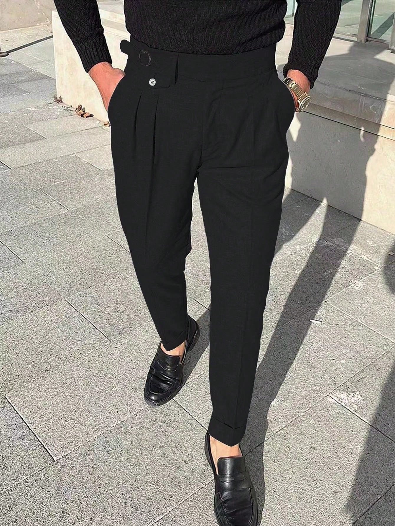 Calça Masculina Social Slim Fit Com Cós Alto E Pregas Frontais Preto / PP Calça Masculina Social Slim Fit Com Cós Alto