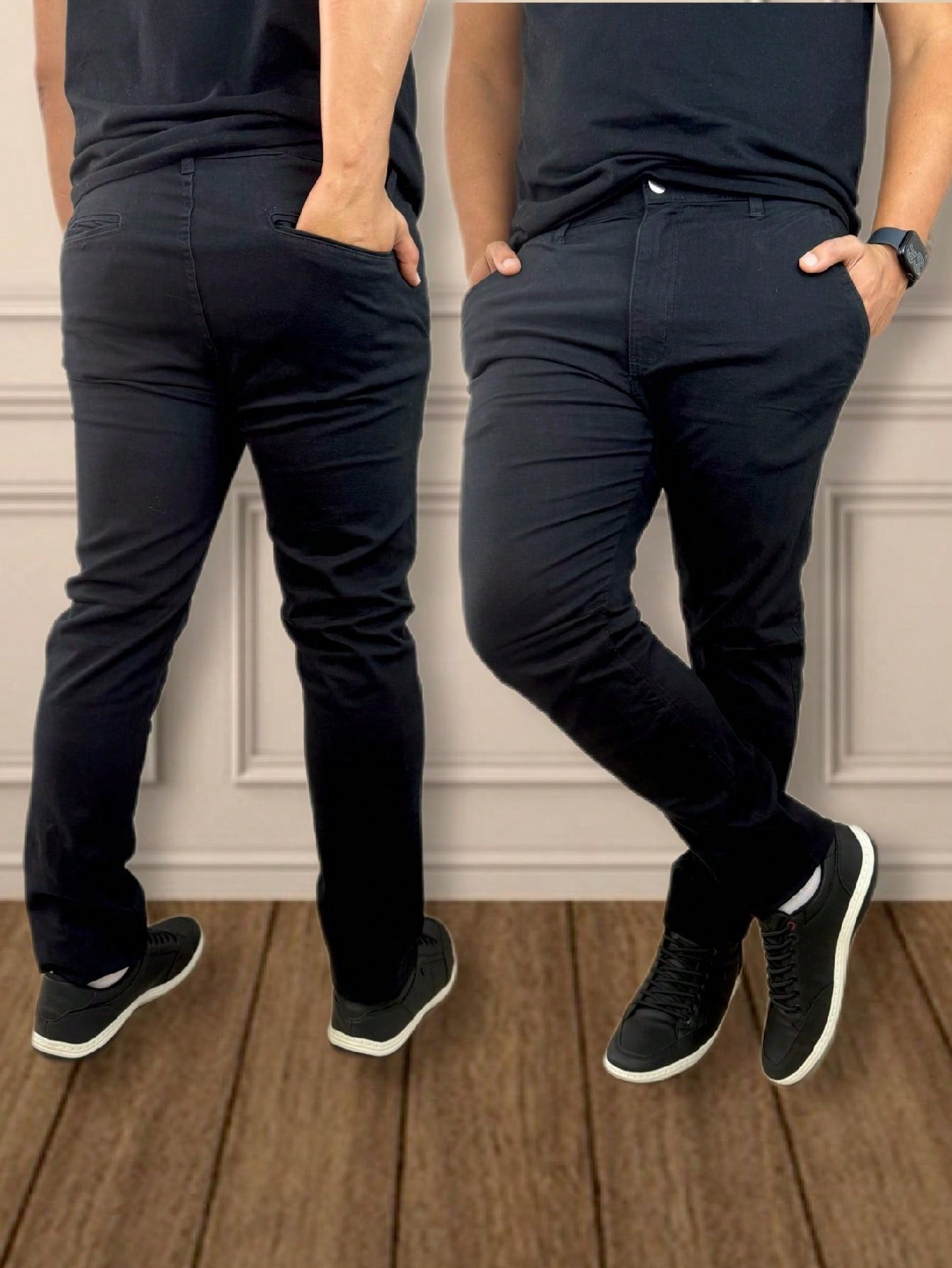 Calça Masculina Jeans Slim Fit Costura Contrastante E Lavagem Moderna Preto / PP Calça Masculina Jeans Slim Fit Costura