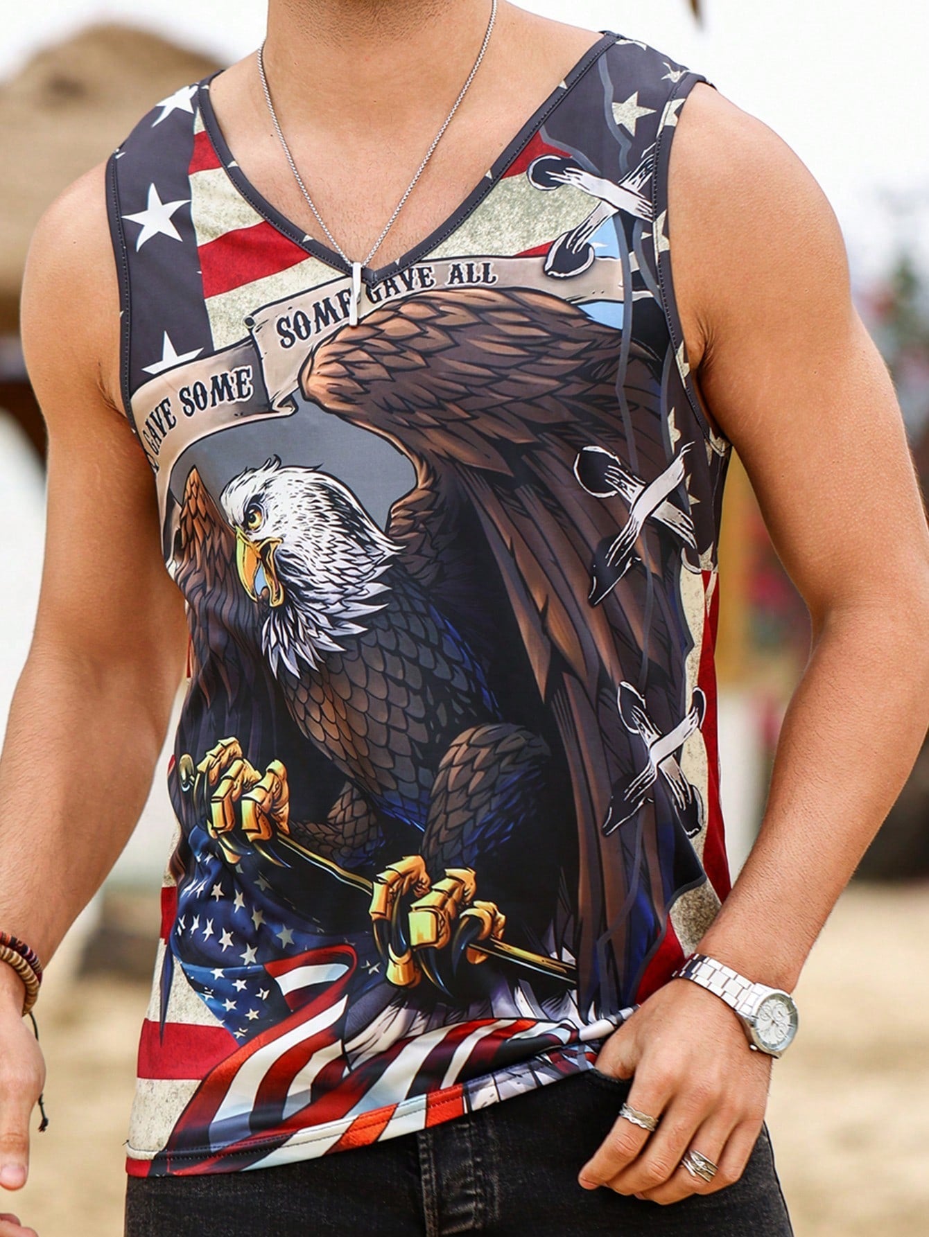 Camiseta Regata Masculina Casual Estampa De Águia Gola V Azul Marinho / PP Camiseta Regata Masculina Casual Estampa De