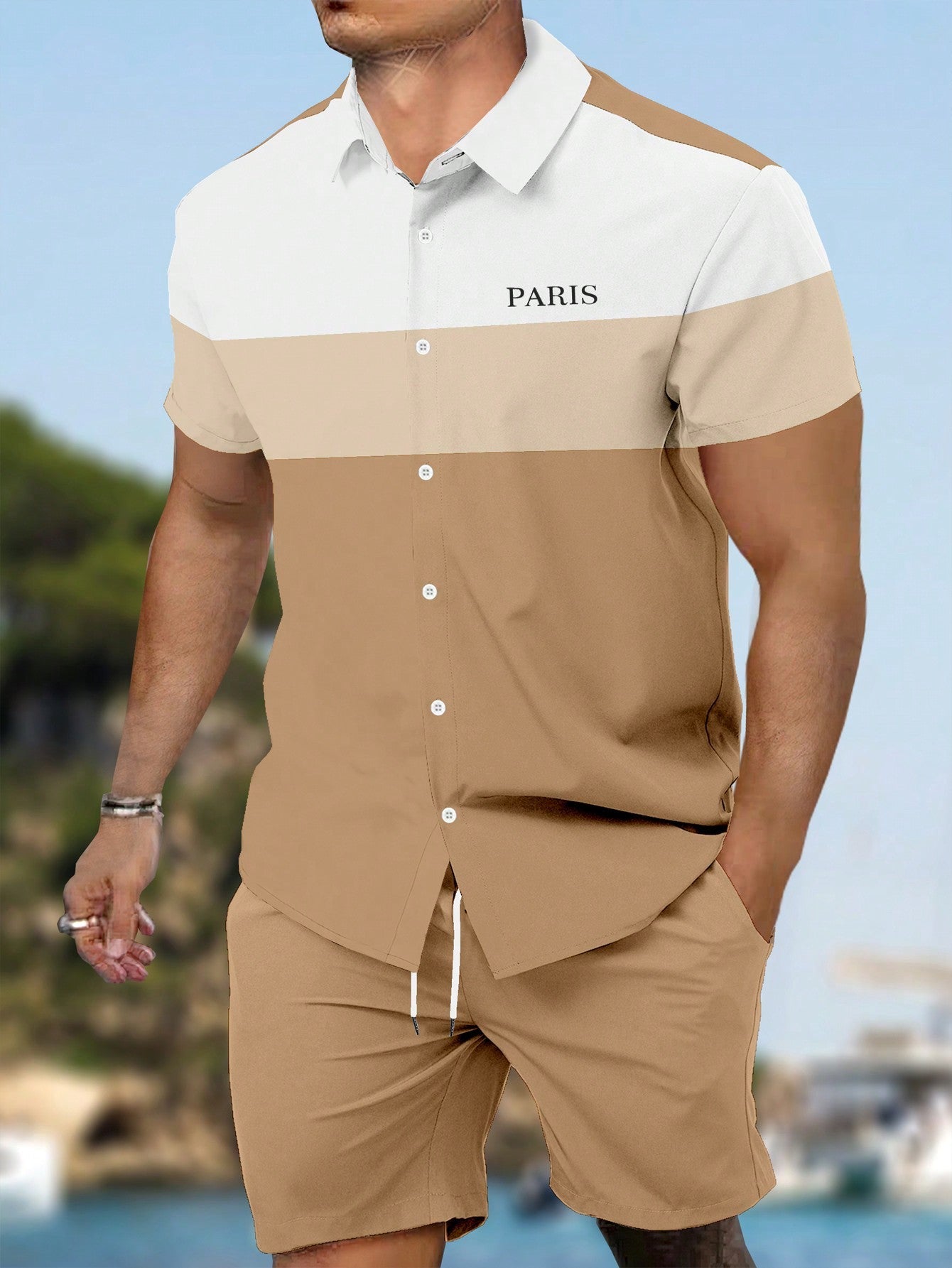 Conjunto Masculino Camisa Solta Estilo Color Block E Bermuda Casual Bege / PP Conjunto Masculino Camisa Solta Estilo