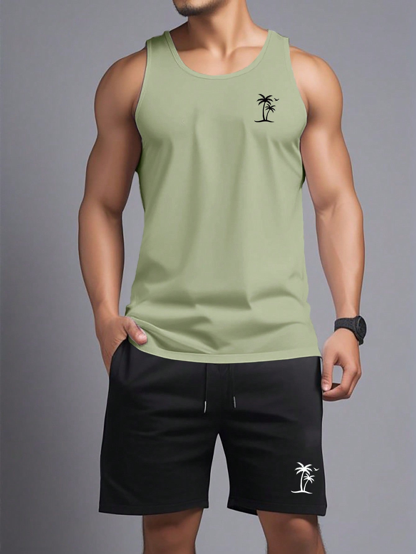 Conjunto Masculino Regata Estampada E Shorts Cós Elástico Verde / PP Conjunto Masculino Regata Estampada E Shorts Cós