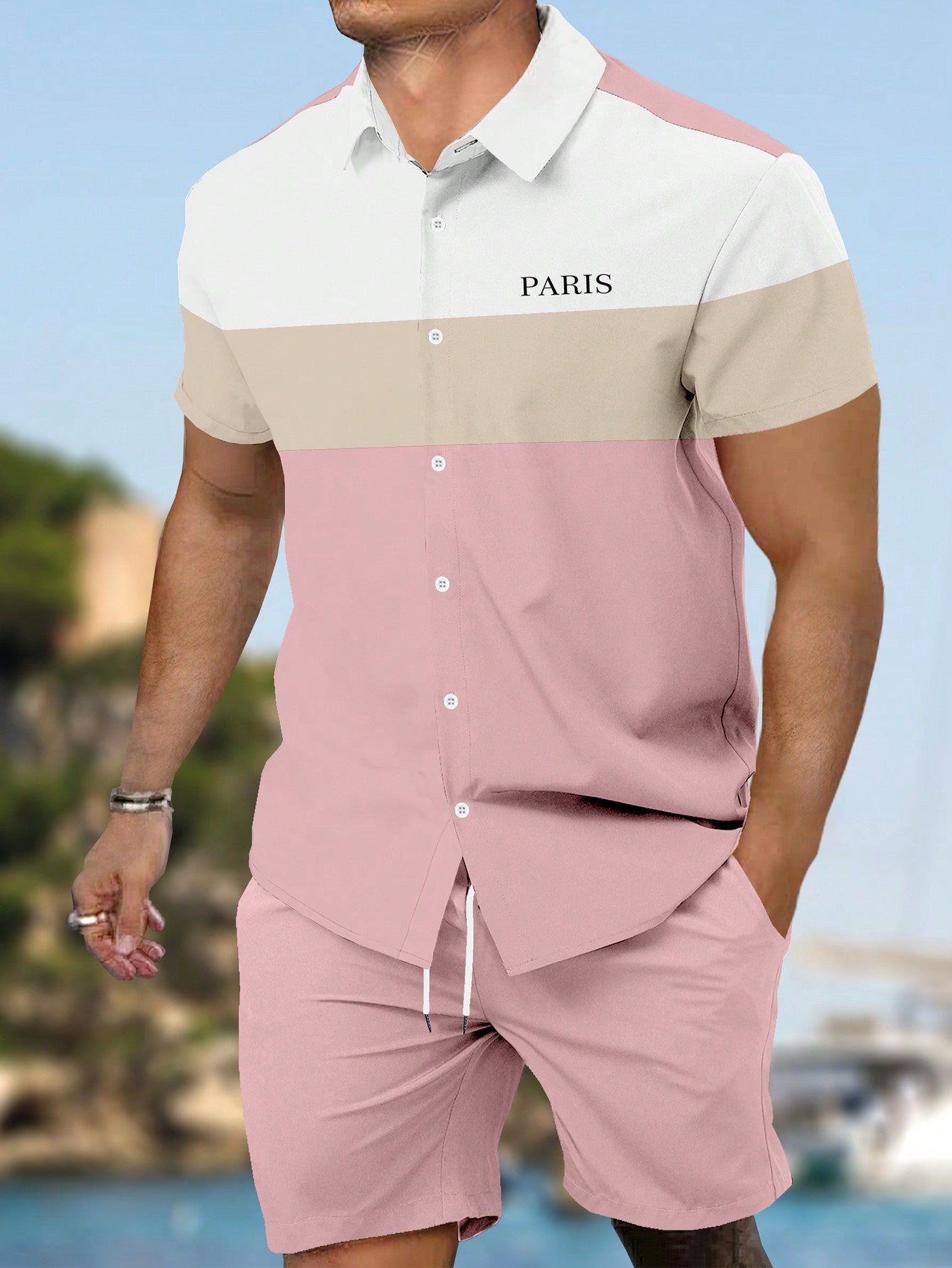 Conjunto Masculino Camisa Solta Estilo Color Block E Bermuda Casual Rosa / PP Conjunto Masculino Camisa Solta Estilo