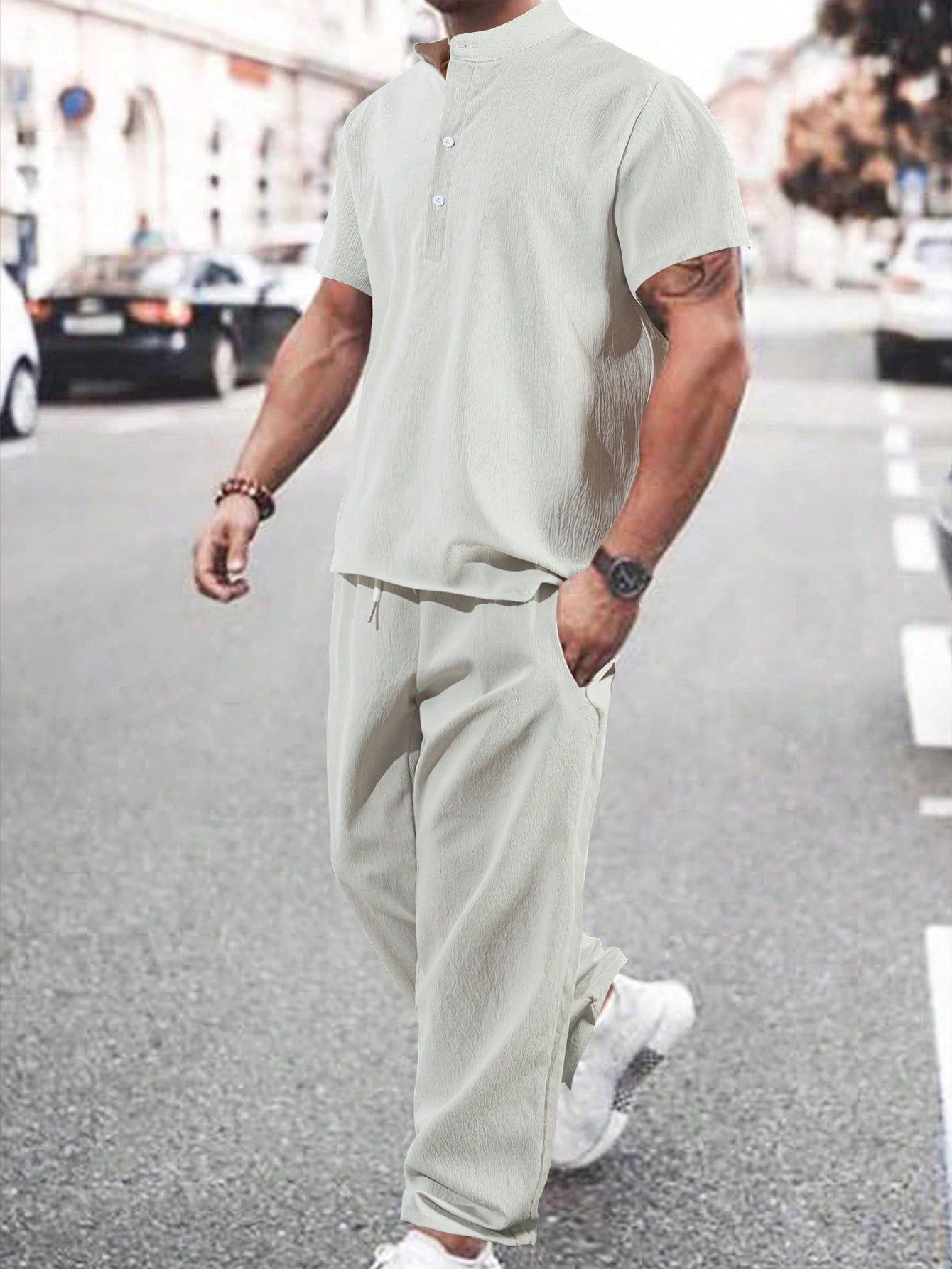 Conjunto Masculino Camisa Half Button E Calça Leve Solta Cinza / PP Conjunto Masculino Camisa Half Button E Calça Leve