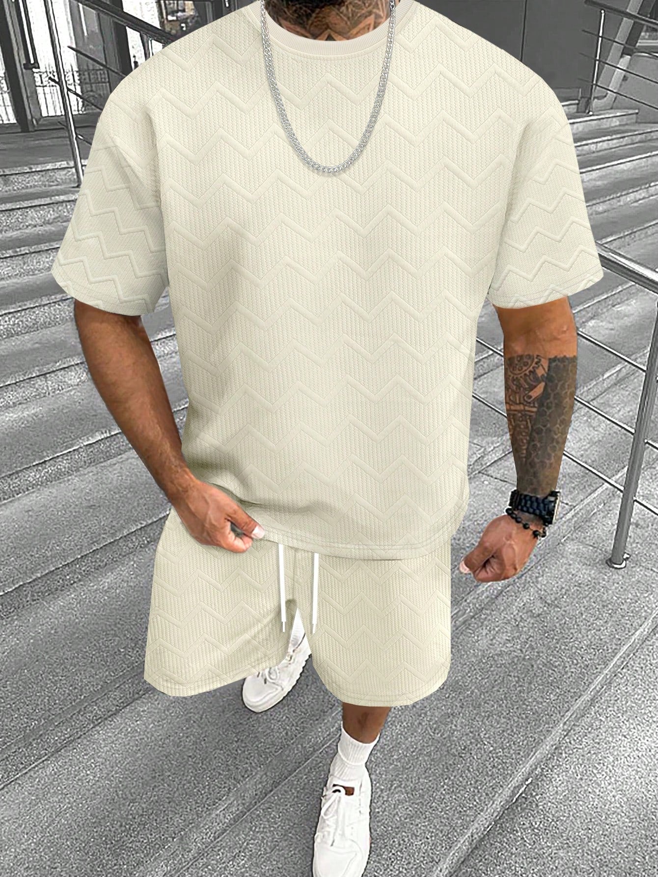 Conjunto Masculino Camiseta Texturizada E Shorts Confortáveis Damasco / PP Conjunto Masculino Camiseta Texturizada E