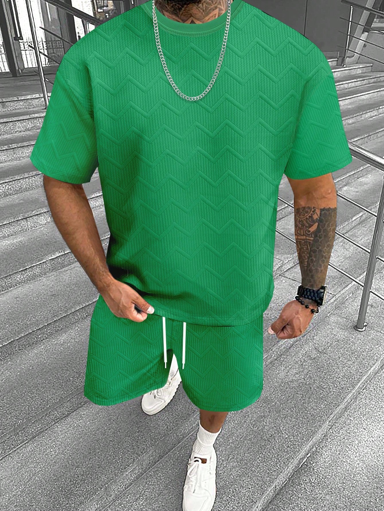 Conjunto Masculino Camiseta Texturizada E Shorts Confortáveis Verde / PP Conjunto Masculino Camiseta Texturizada E