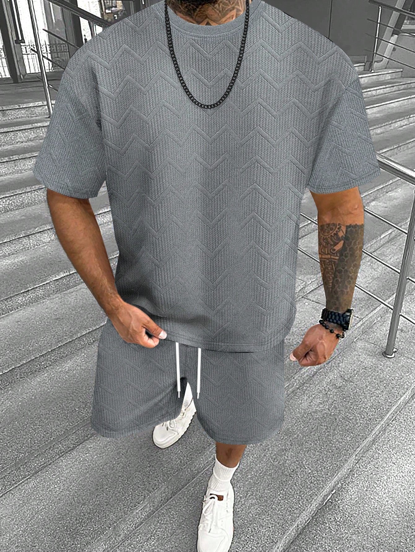 Conjunto Masculino Camiseta Texturizada E Shorts Confortáveis Cinza / PP Conjunto Masculino Camiseta Texturizada E