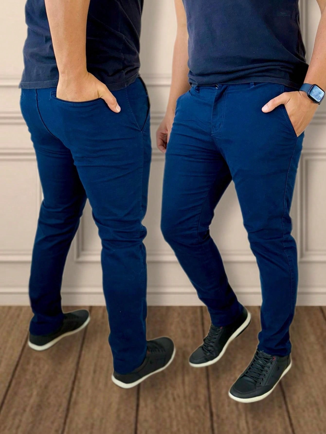 Calça Masculina Jeans Slim Fit Costura Contrastante E Lavagem Moderna Azul Marinho / PP Calça Masculina Jeans Slim Fit