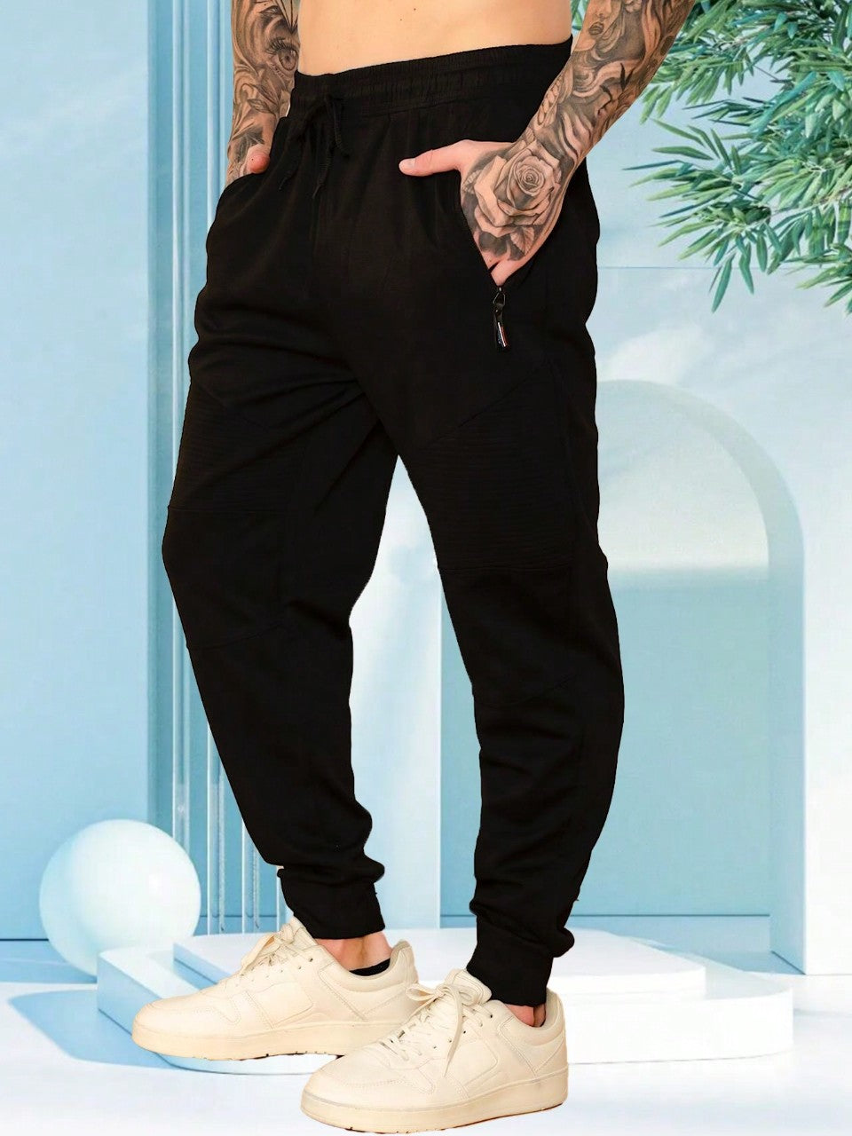 Calça Masculina Jogger Com Recortes E Cós Ajustável Preto / PP Calça Masculina Jogger Com Recortes E Cós Ajustável