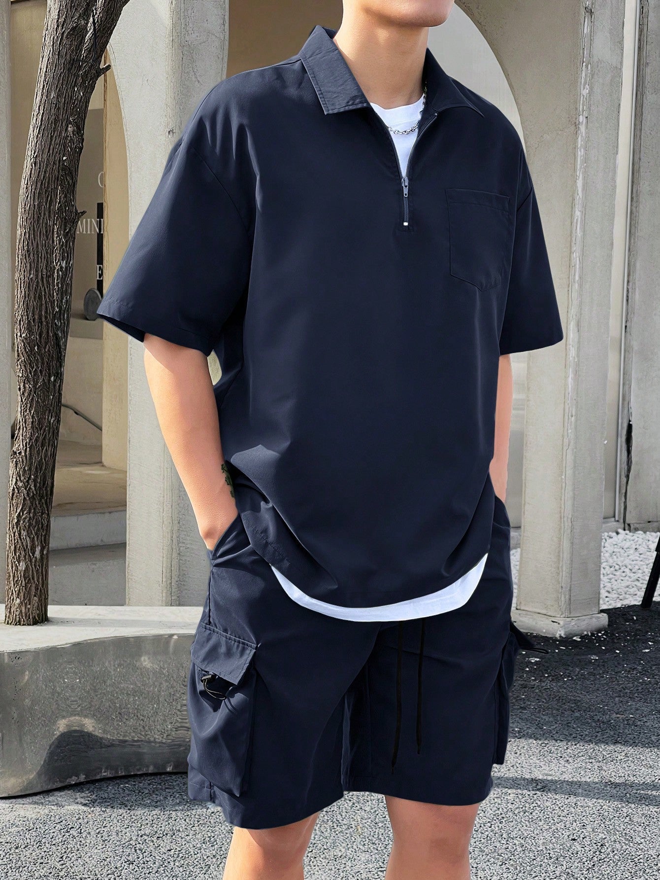 Conjunto Masculino Camisa Manga Curta E Bermuda Tecido De Linho Azul Marinho / PP Conjunto Masculino Camisa Manga Curta