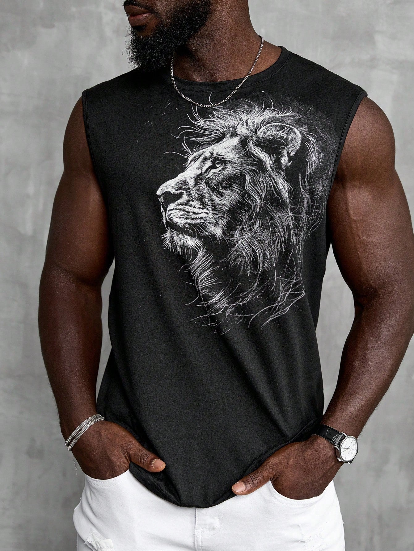 Camiseta Regata Masculina Estampa De Leão Gola Redonda Preto / PP Camiseta Regata Masculina Estampa De Leão Gola Redonda