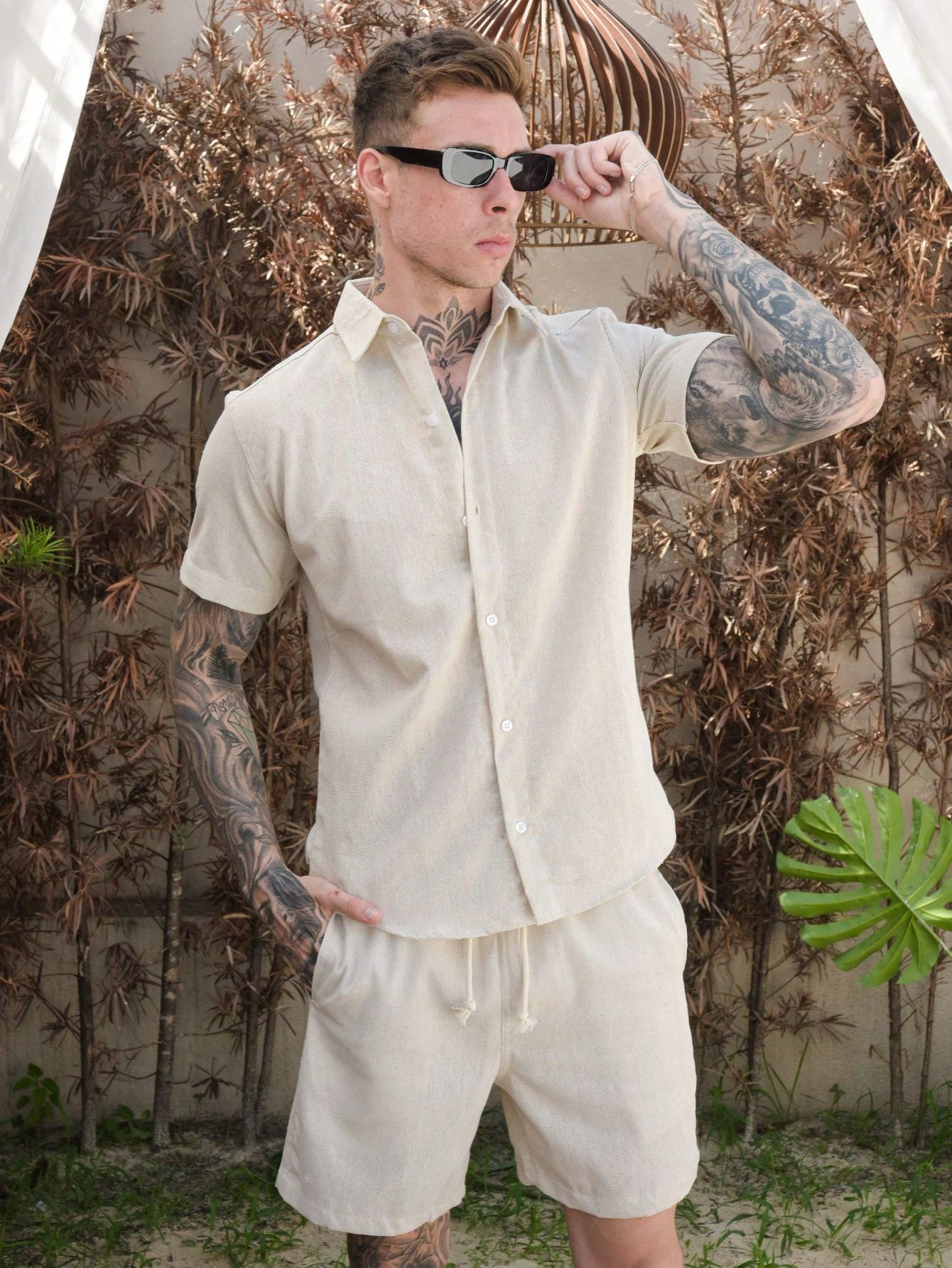 Conjunto Masculino Camisa Manga Curta E Bermuda Urbana Bege / PP Conjunto Masculino Camisa Manga Curta E Bermuda Urbana