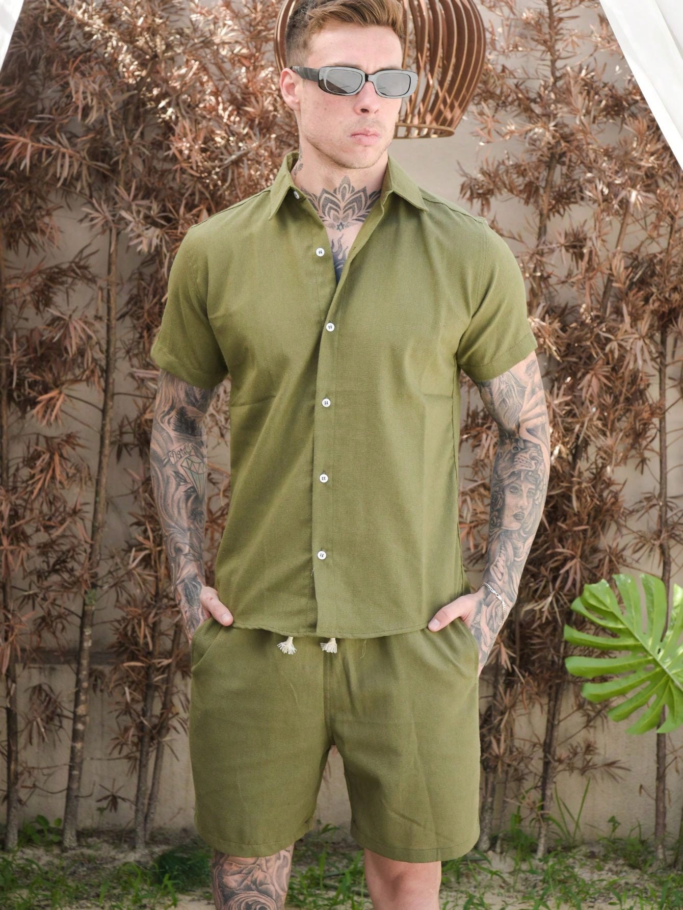 Conjunto Masculino Camisa Manga Curta E Bermuda Urbana Verde Militar / PP Conjunto Masculino Camisa Manga Curta E