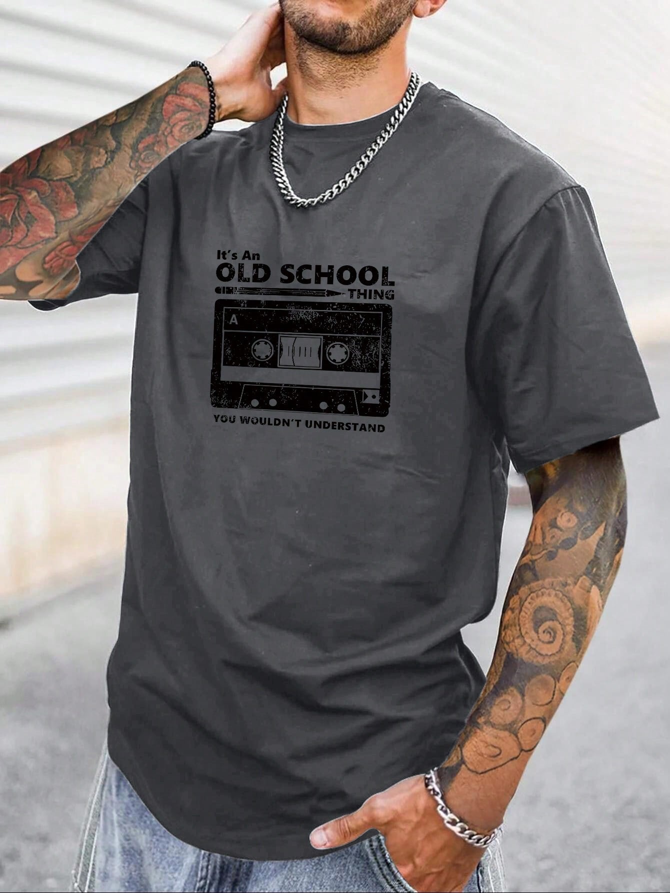 Camisa Masculina Oversized Estampa Old School Vintage Cinza / PP Camisa Masculina Oversized Estampa Old School Vintage
