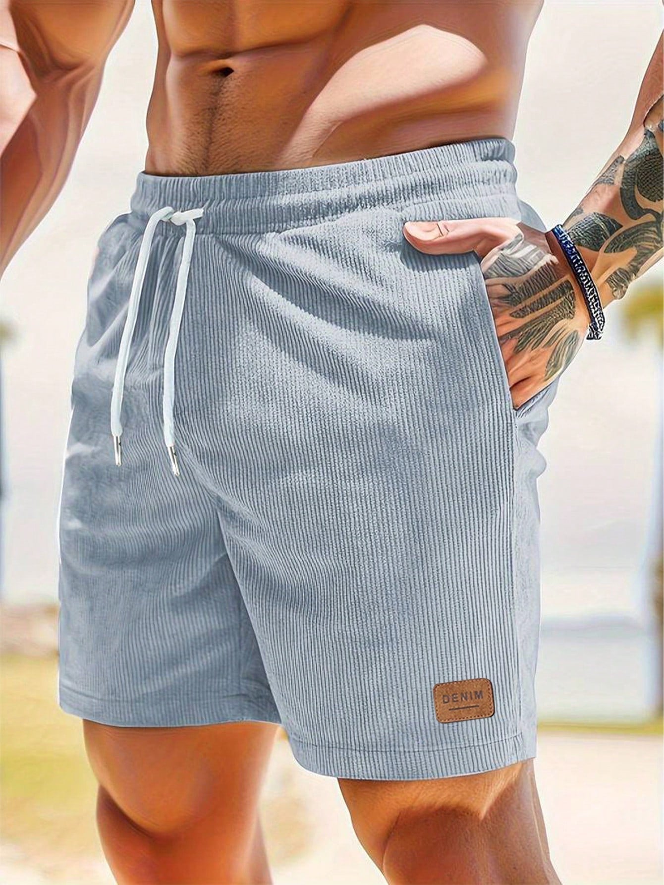 Shorts Masculino Em Veludo Cotelê Com Cós Elástico E Cordão Azul Bebê / PP Shorts Masculino Em Veludo Cotelê Com Cós