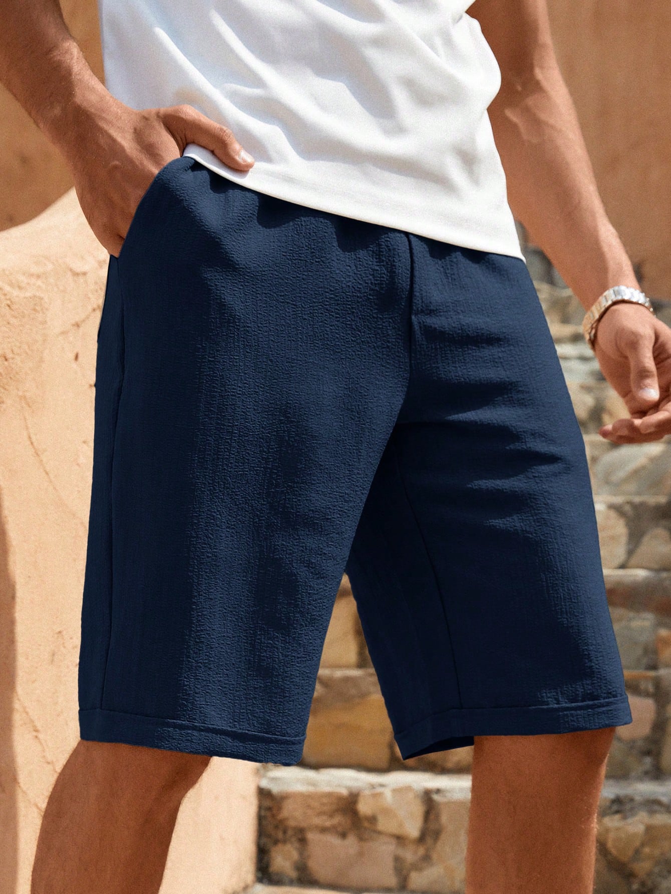 Shorts Masculino Com Tecido Texturizado E Caimento Relaxado Azul Marinho / PP Shorts Masculino Com Tecido Texturizado E