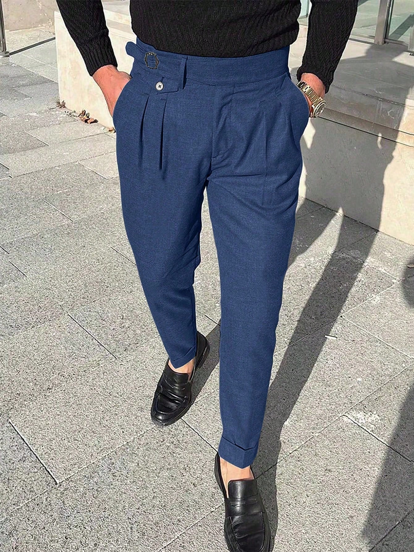 Calça Masculina Social Slim Fit Com Cós Alto E Pregas Frontais Azul Marinho / PP Calça Masculina Social Slim Fit Com