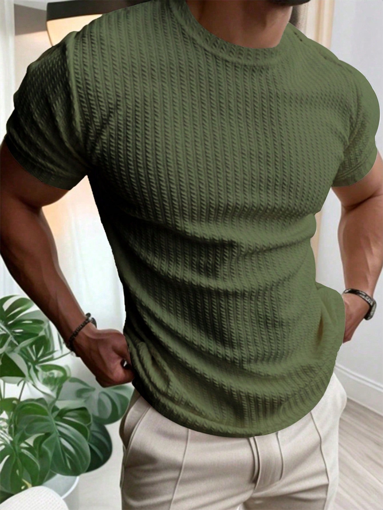 Camisa Masculina Slim Textura Elegante Caimento Perfeito Verde Militar / PP Camisa Masculina Slim Textura Elegante