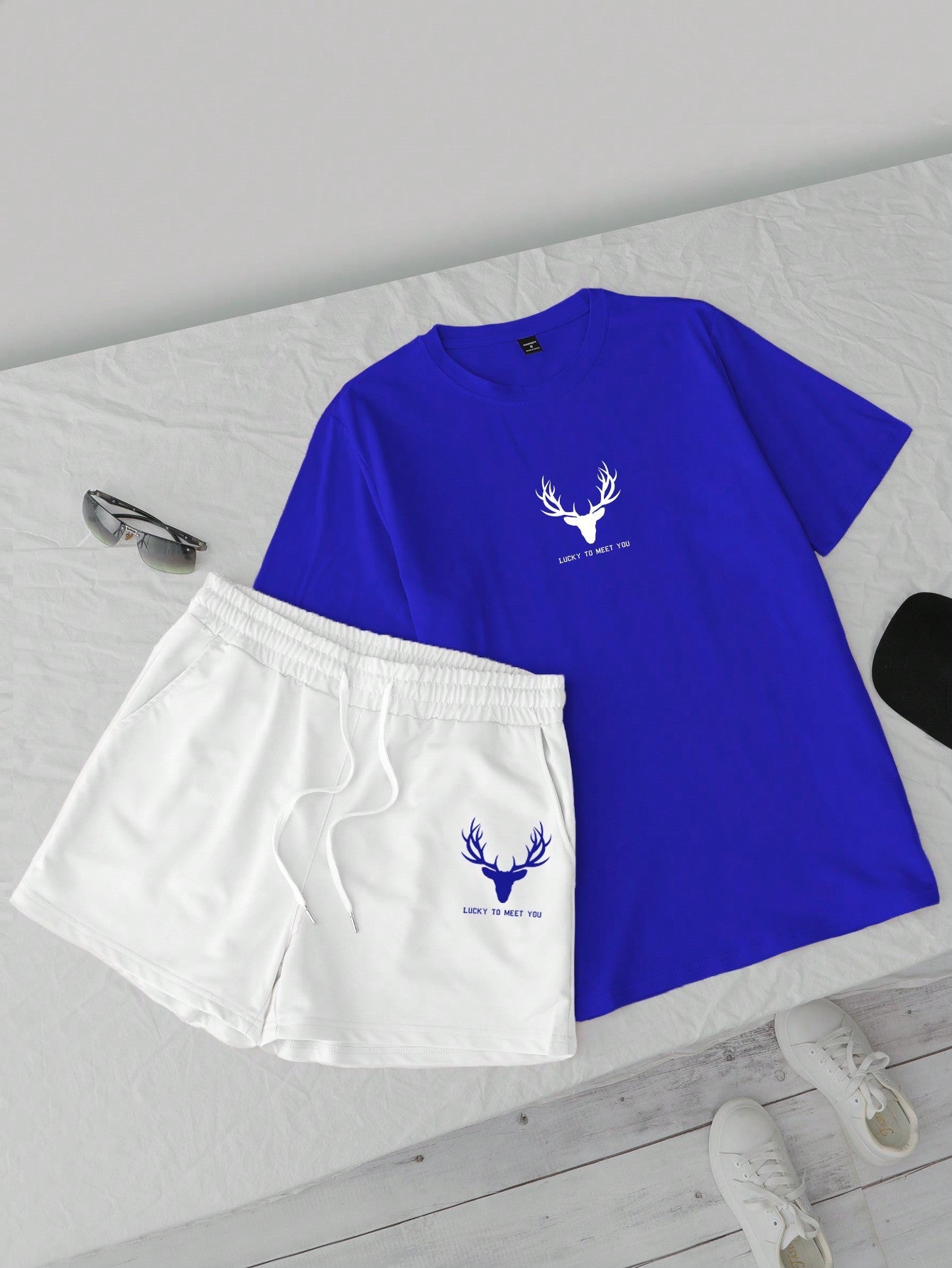 Conjunto Masculino Camiseta Com Slogan Estampado E Shorts Ajustáveis Conjunto Masculino Camiseta Com Slogan Estampado E