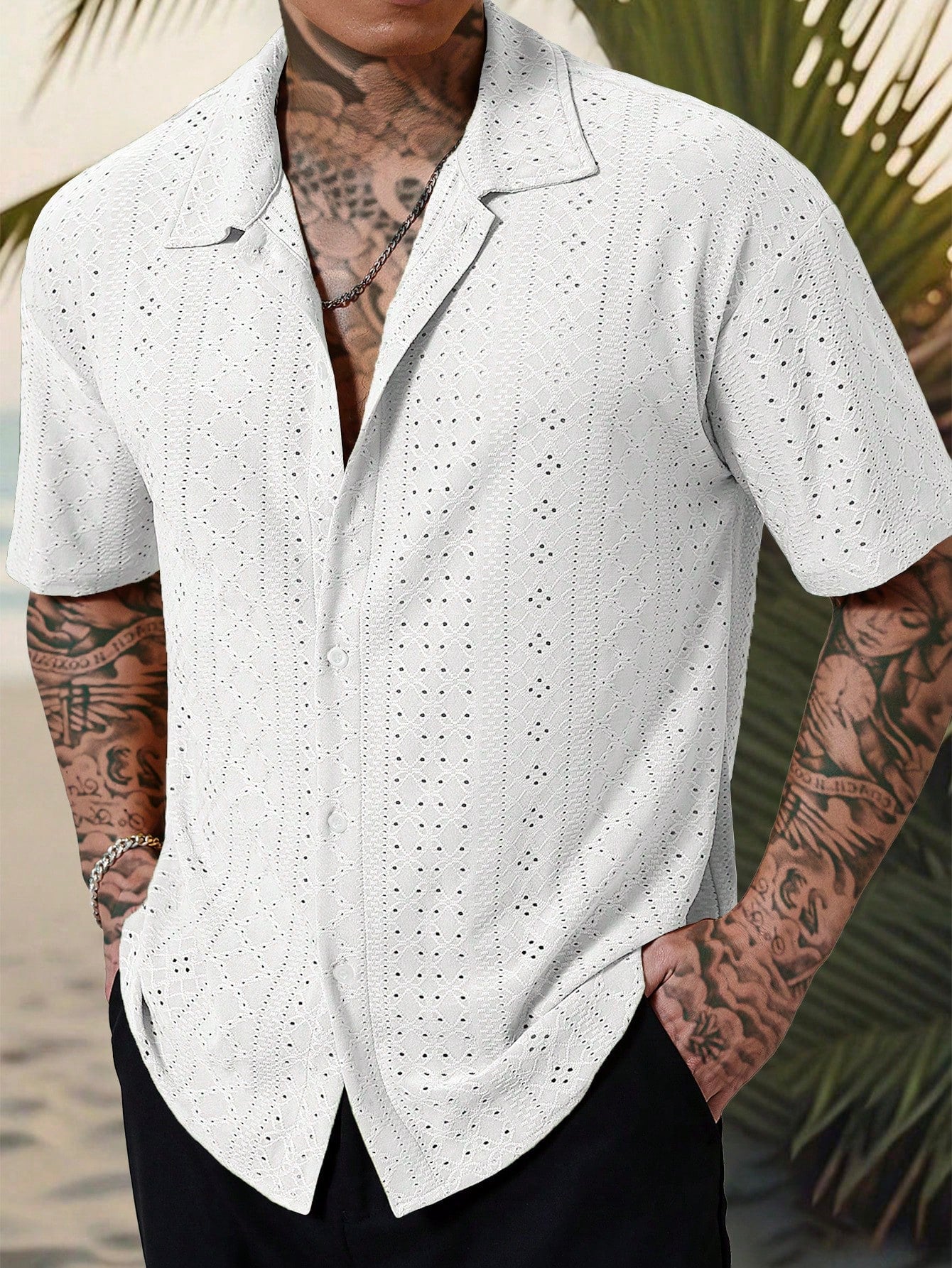 Camisa Masculina De Botão Tecido Vazado Estilo Tropical Branco / PP Camisa Masculina De Botão Tecido Vazado Estilo