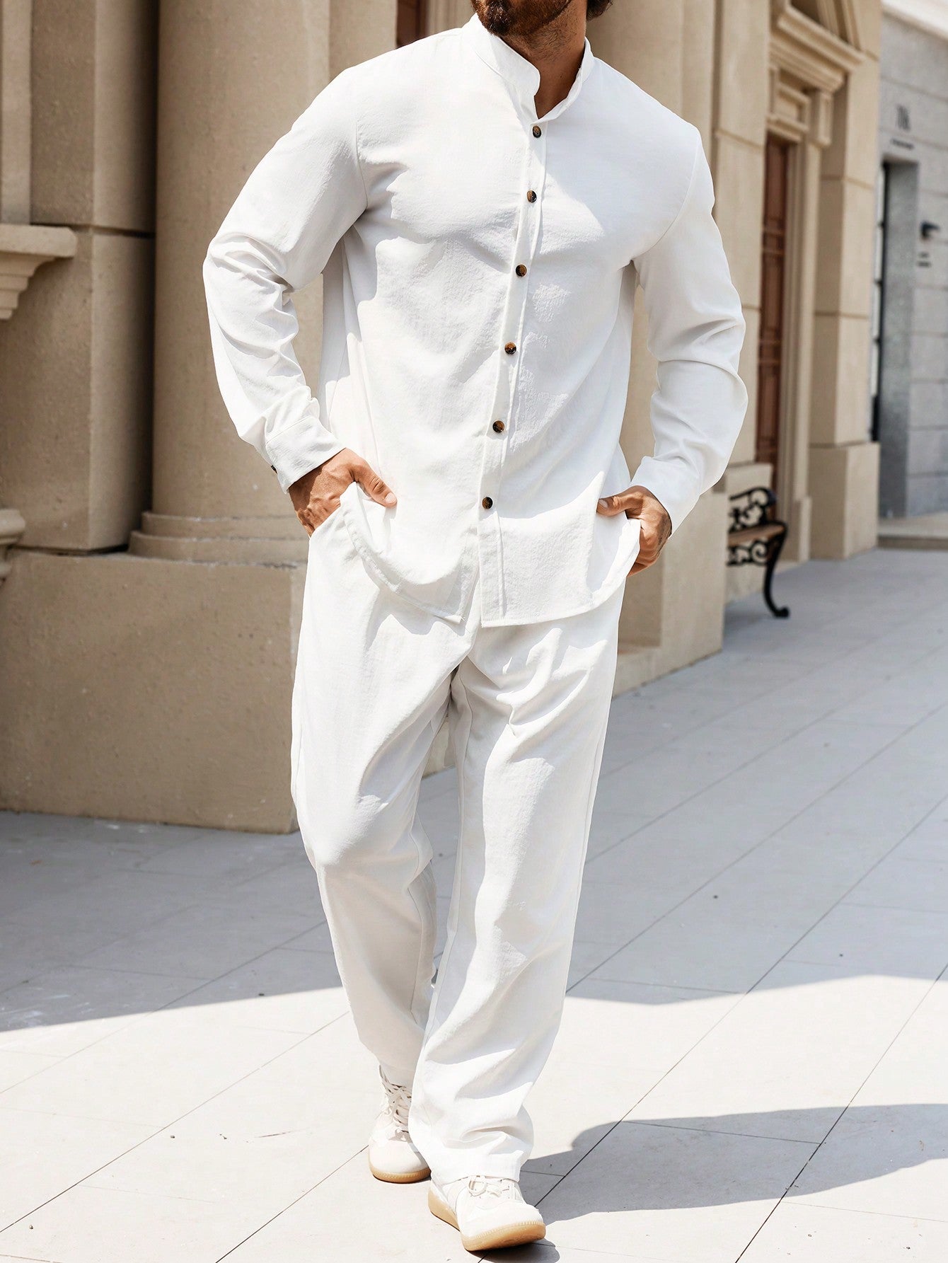 Conjunto Masculino Camisa De Botão E Calça Leve Minimalista Branco / PP Conjunto Masculino Camisa De Botão E Calça Leve