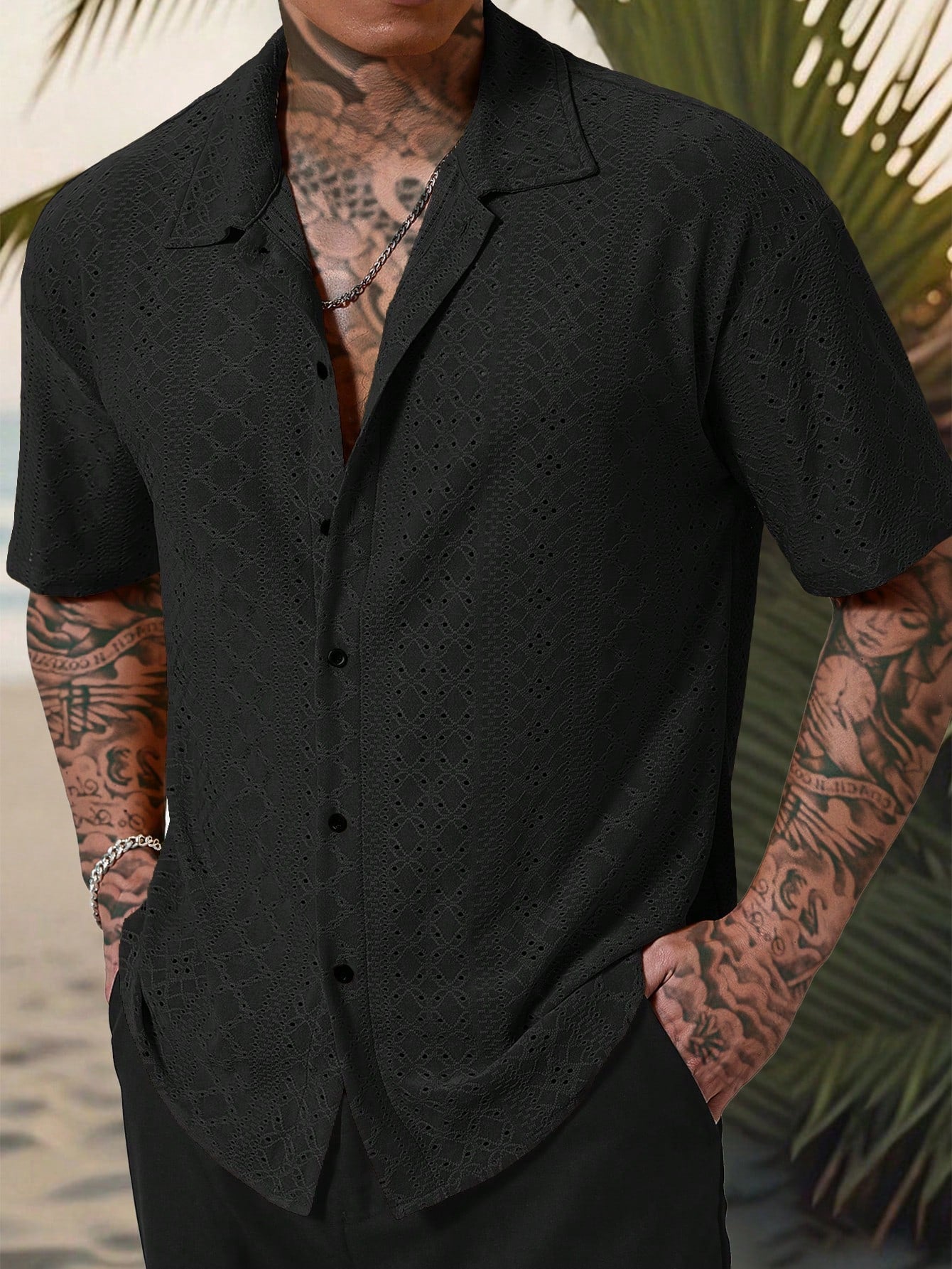 Camisa Masculina De Botão Tecido Vazado Estilo Tropical Preto / PP Camisa Masculina De Botão Tecido Vazado Estilo