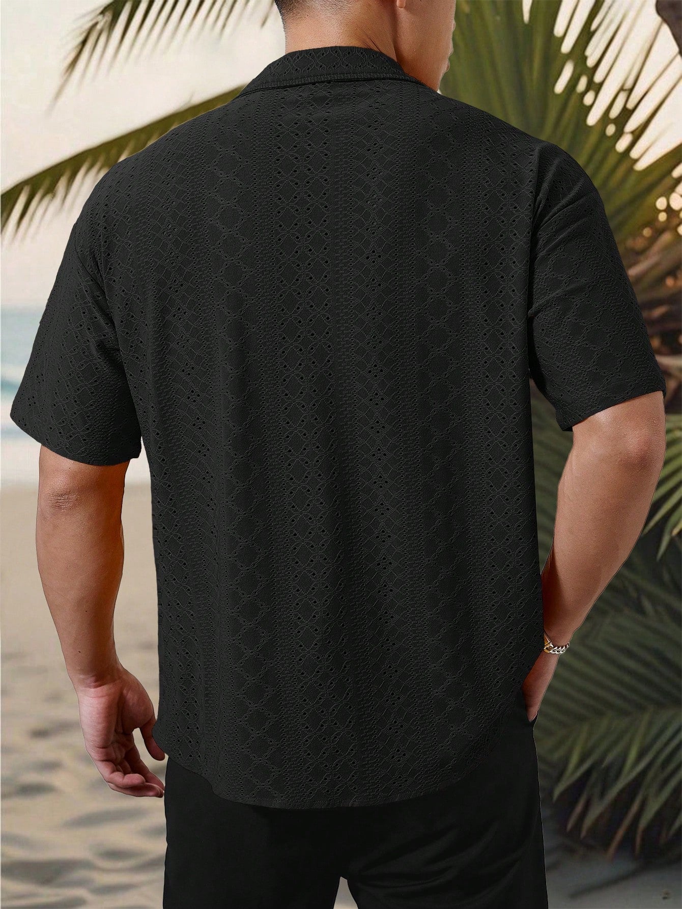 Camisa Masculina De Botão Tecido Vazado Estilo Tropical Camisa Masculina De Botão Tecido Vazado Estilo Tropical