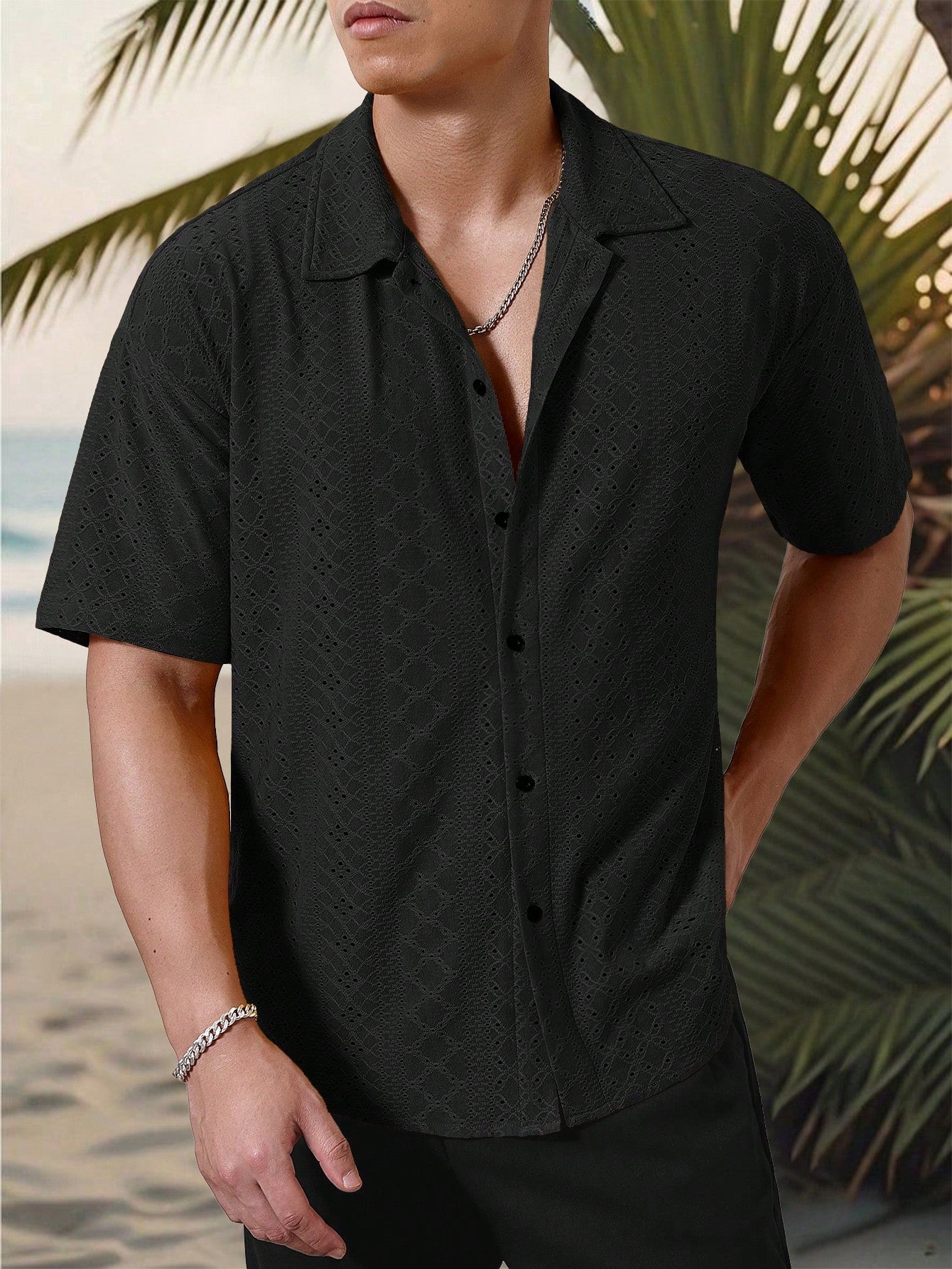 Camisa Masculina De Botão Tecido Vazado Estilo Tropical Camisa Masculina De Botão Tecido Vazado Estilo Tropical