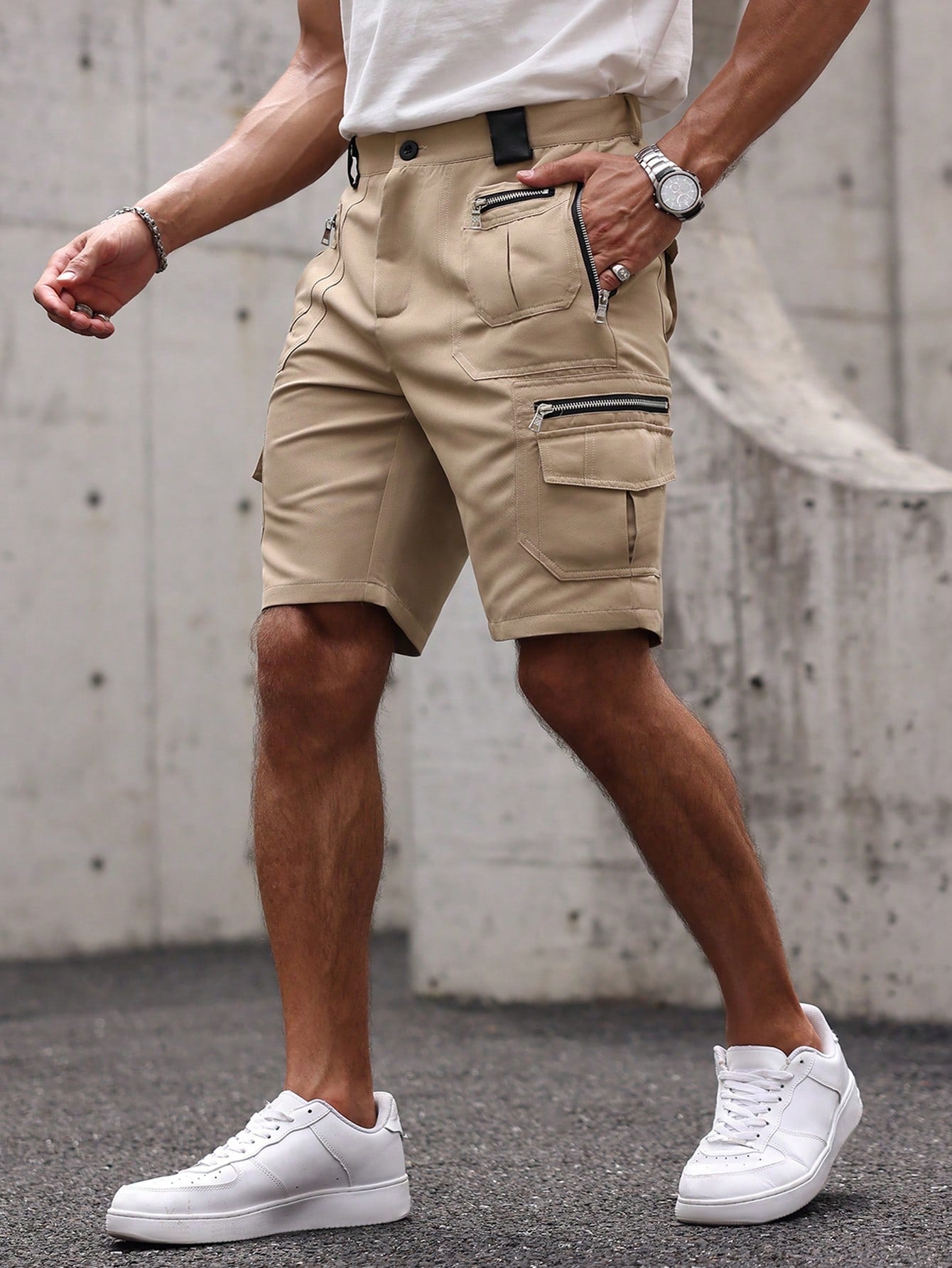 Shorts Masculino Cargo Com Zíperes E Estilo Tático Urbano Bege / PP Shorts Masculino Cargo Com Zíperes E Estilo Tático