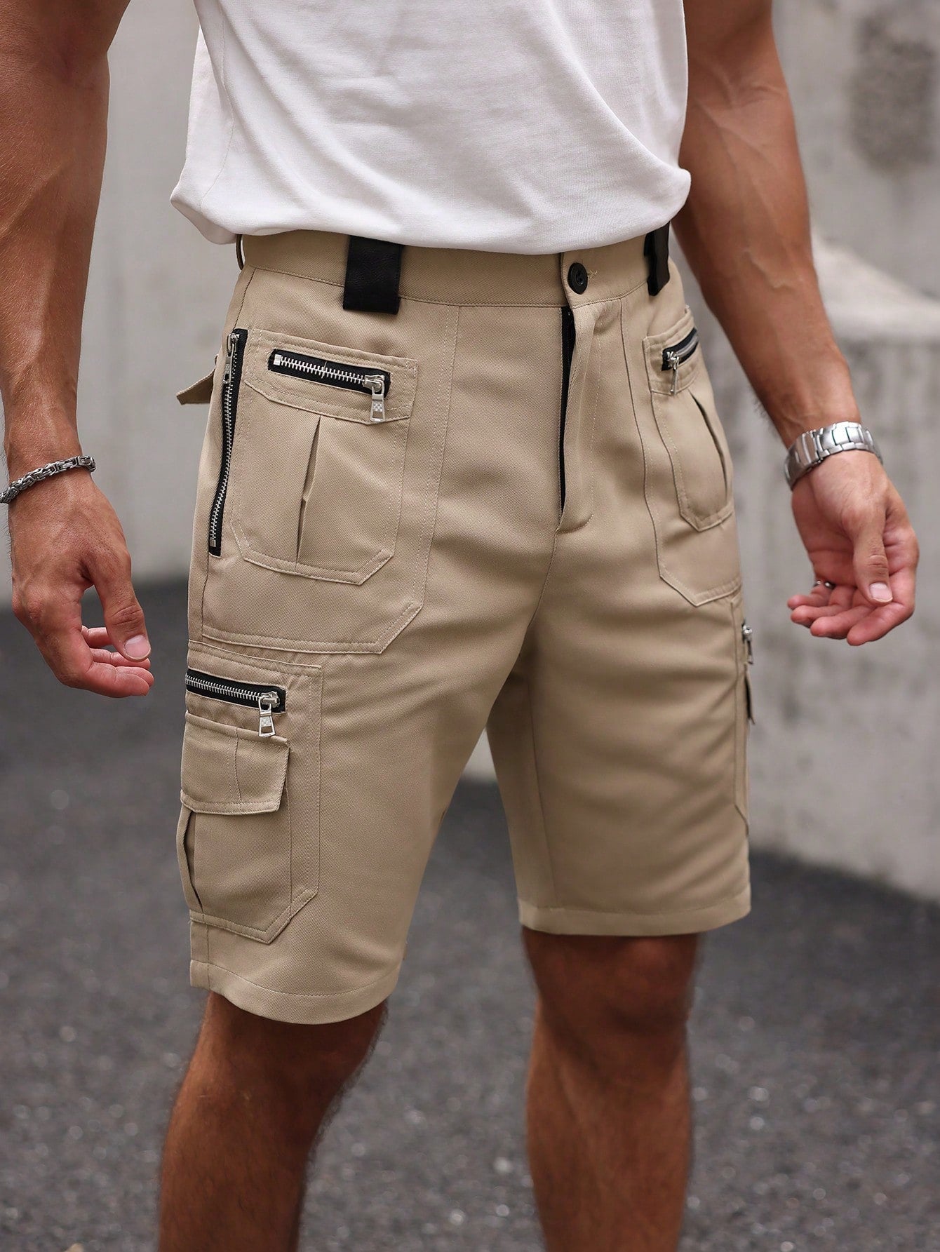 Shorts Masculino Cargo Com Zíperes E Estilo Tático Urbano Shorts Masculino Cargo Com Zíperes E Estilo Tático Urbano