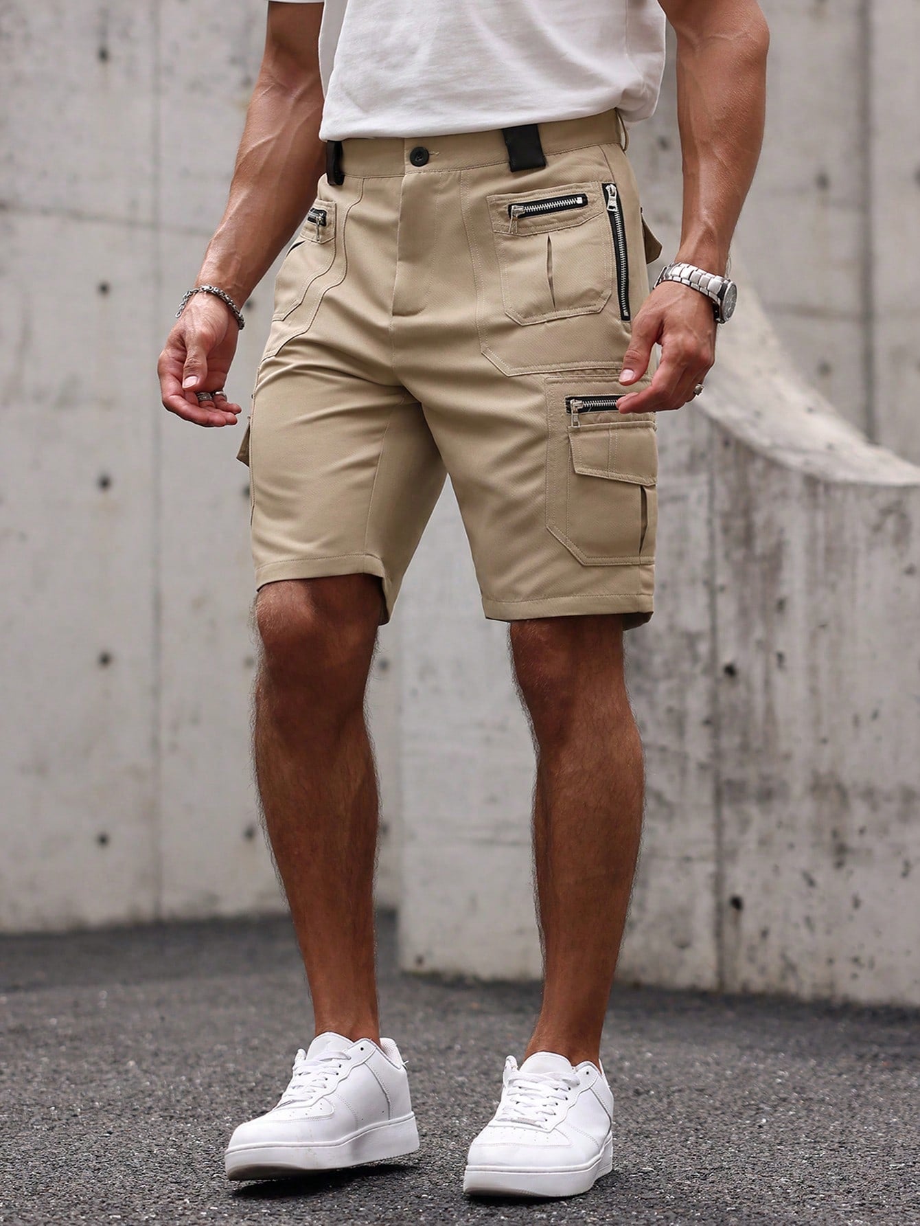 Shorts Masculino Cargo Com Zíperes E Estilo Tático Urbano Shorts Masculino Cargo Com Zíperes E Estilo Tático Urbano