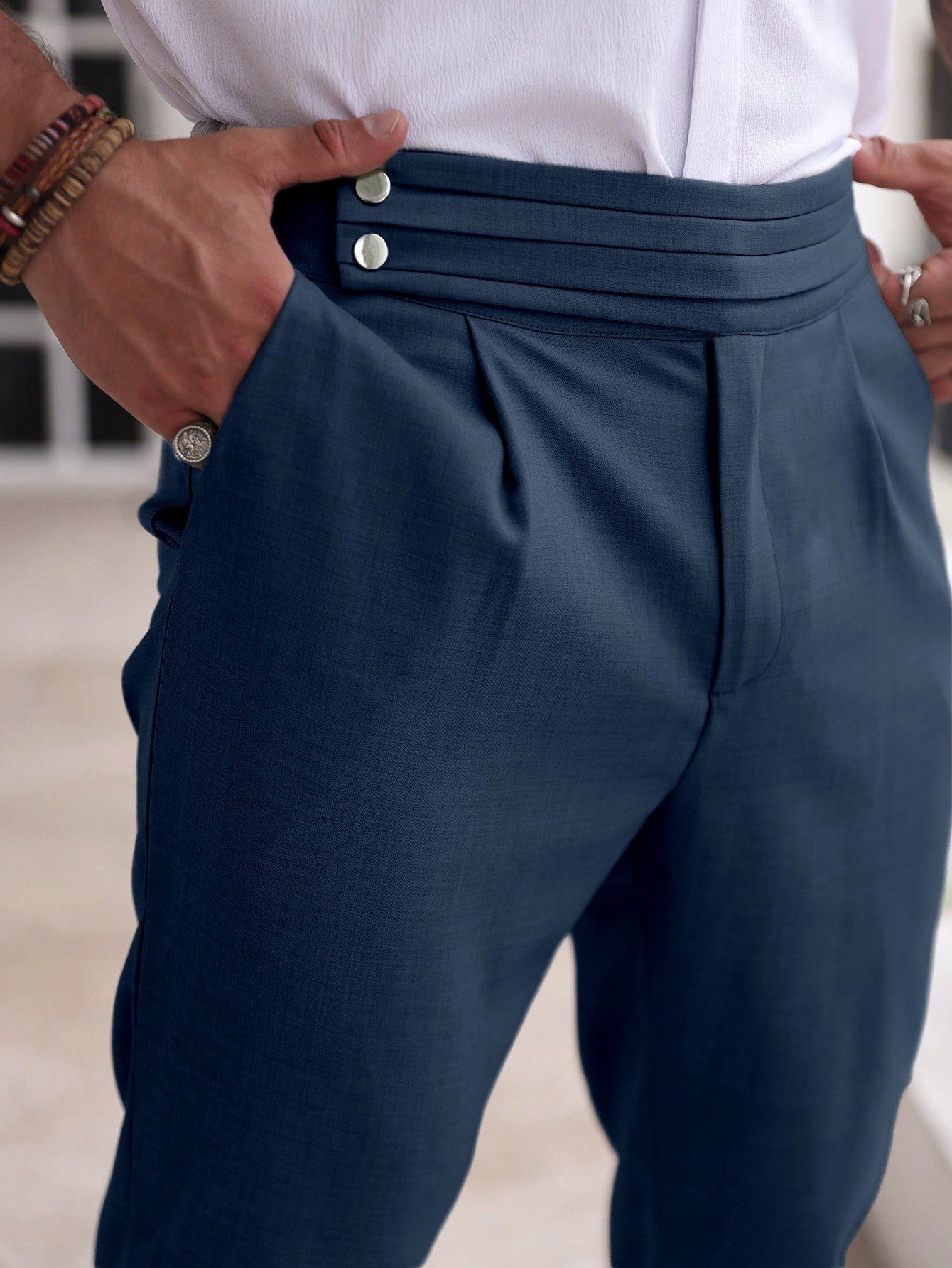 Calça Masculina Social Com Cintura Alta E Detalhe De Pregas Azul Marinho / PP Calça Masculina Social Com Cintura Alta E