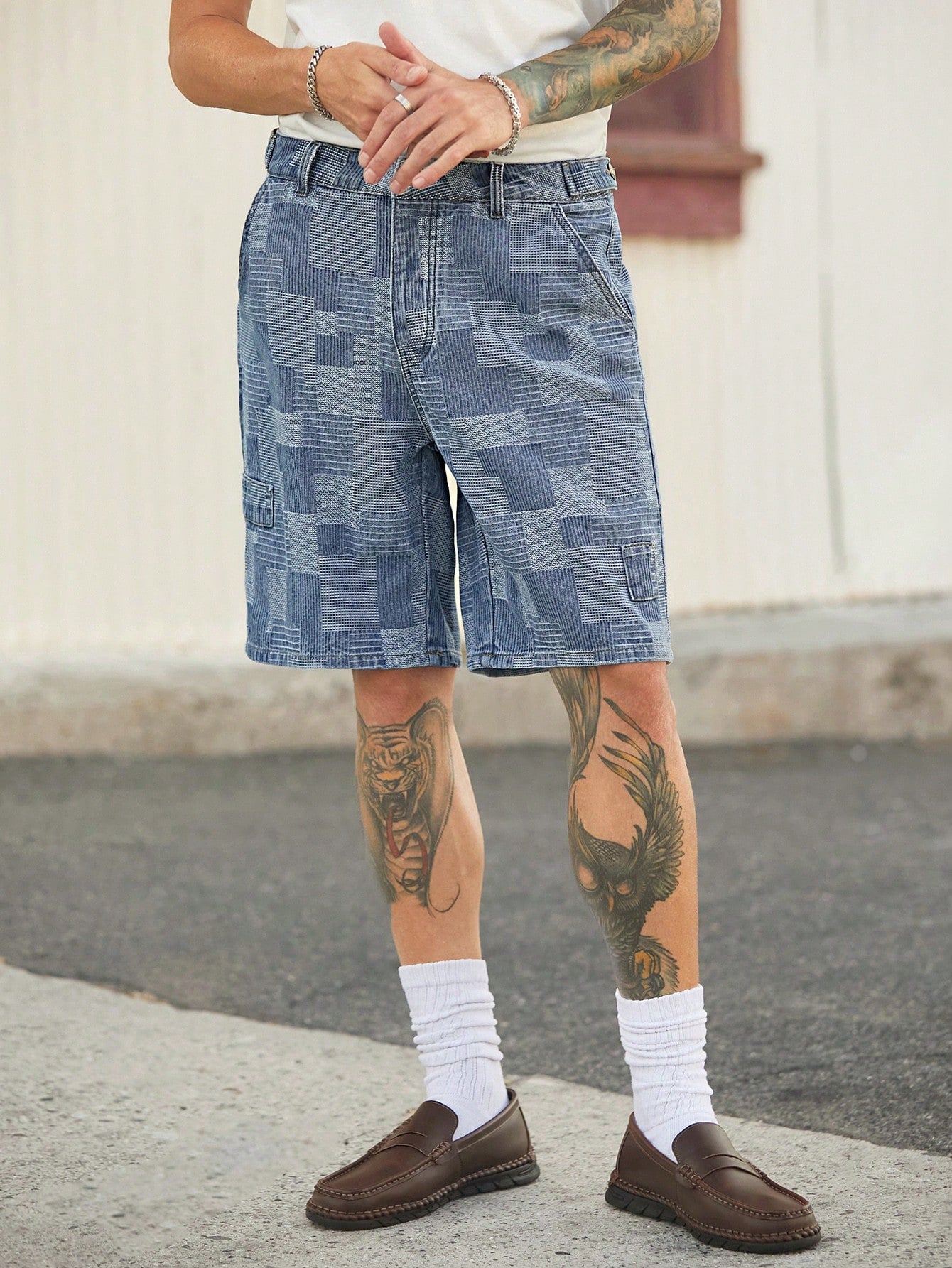 Bermuda Masculina Jeans Estilo Patchwork Moderno Bermuda Masculina Jeans Destroyed Estilo Urbano Despojado