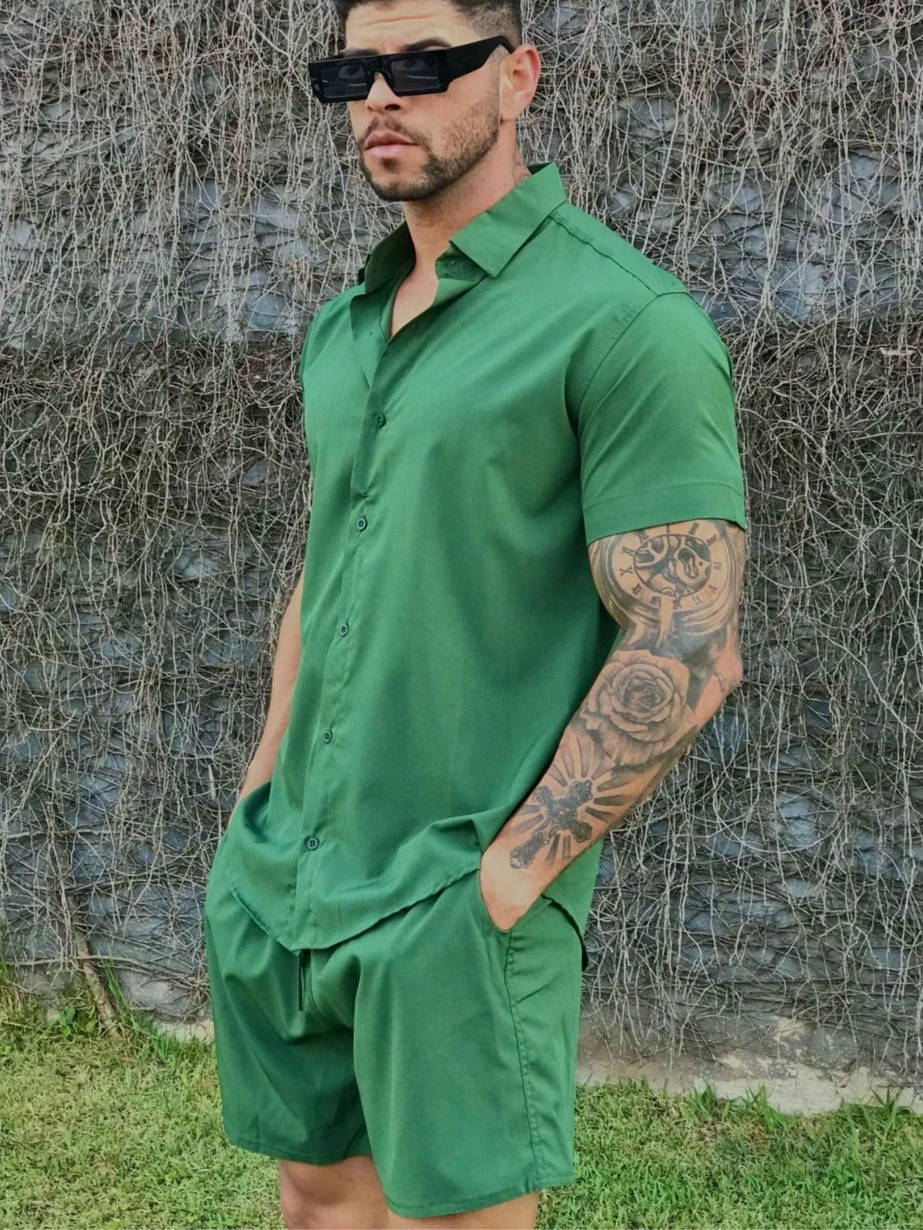 Conjunto Masculino Camisa Manga Curta E Shorts Geométrico Verde / PP Conjunto Masculino Camisa Manga Curta E Shorts