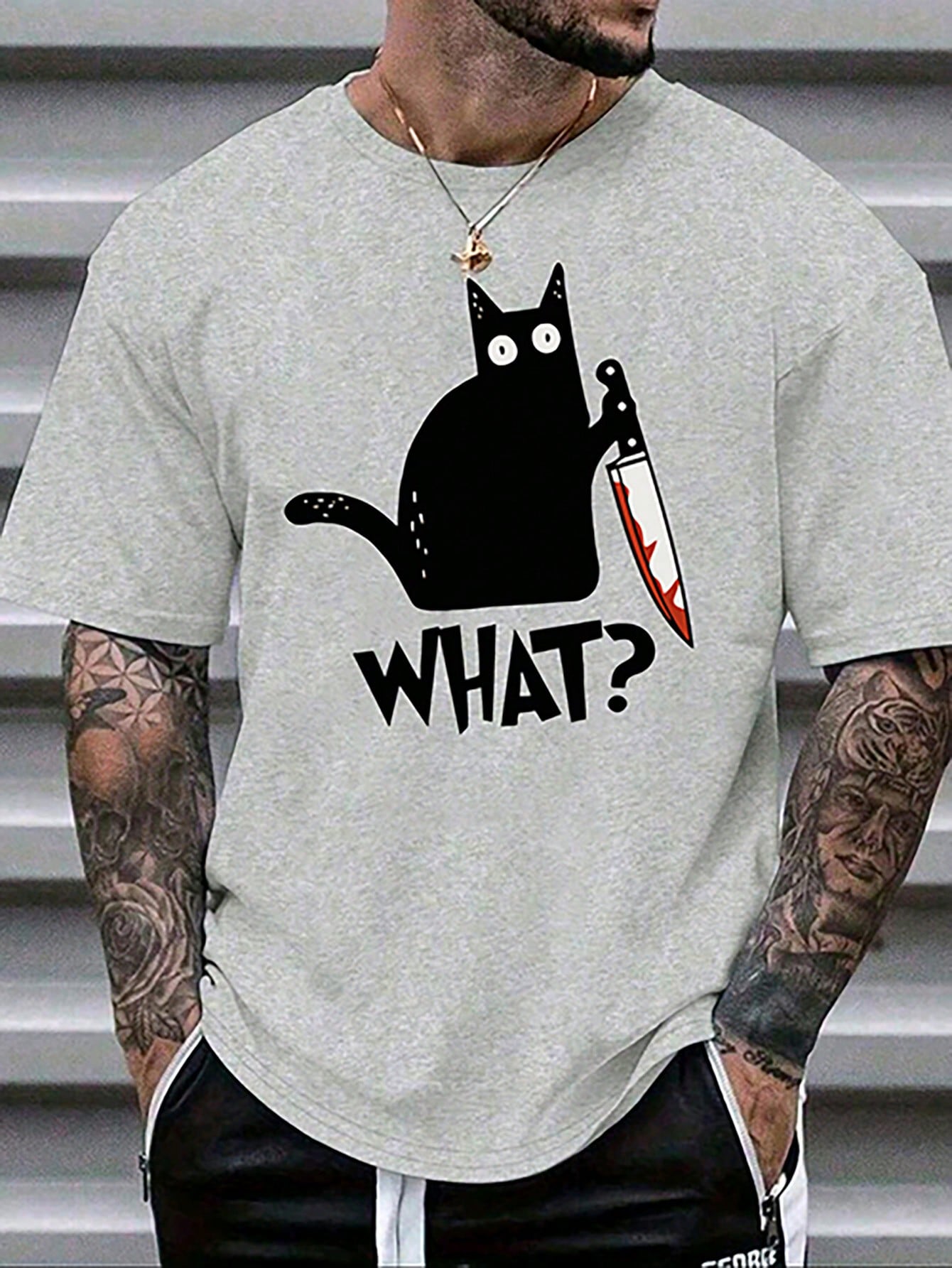 Camiseta Masculina Oversized Estampa Divertida De Gato Cinza / PP Camiseta Masculina Oversized Estampa Divertida De Gato