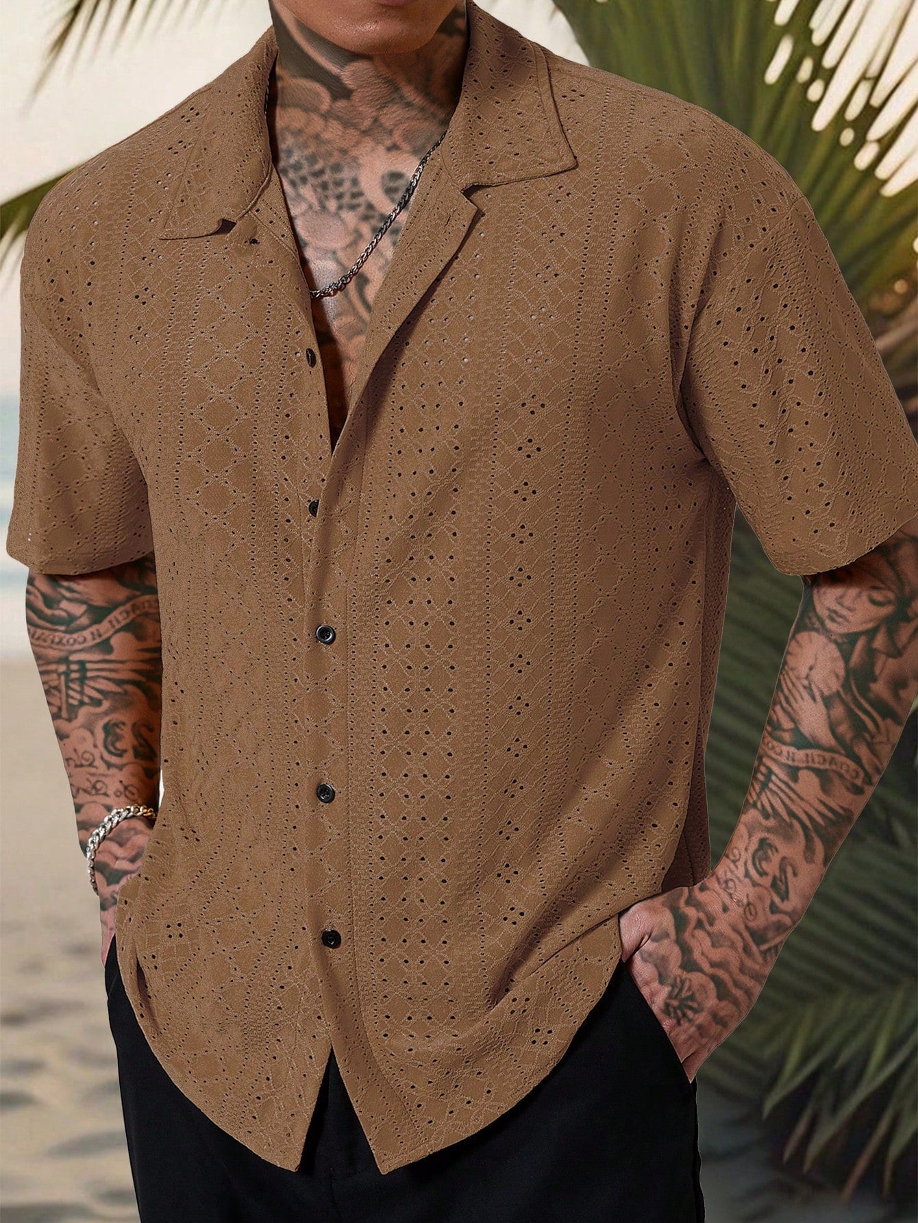 Camisa Masculina De Botão Tecido Vazado Estilo Tropical Café / PP Camisa Masculina De Botão Tecido Vazado Estilo