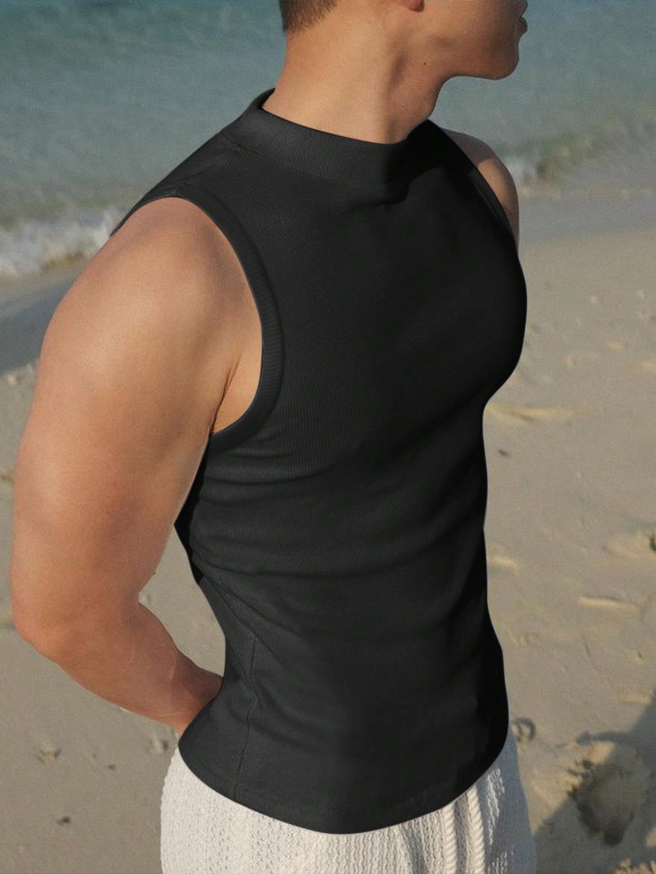 Camiseta Regata Masculina Gola Redonda Textura Canelada Preto / PP Camiseta Regata Masculina Gola Redonda Textura