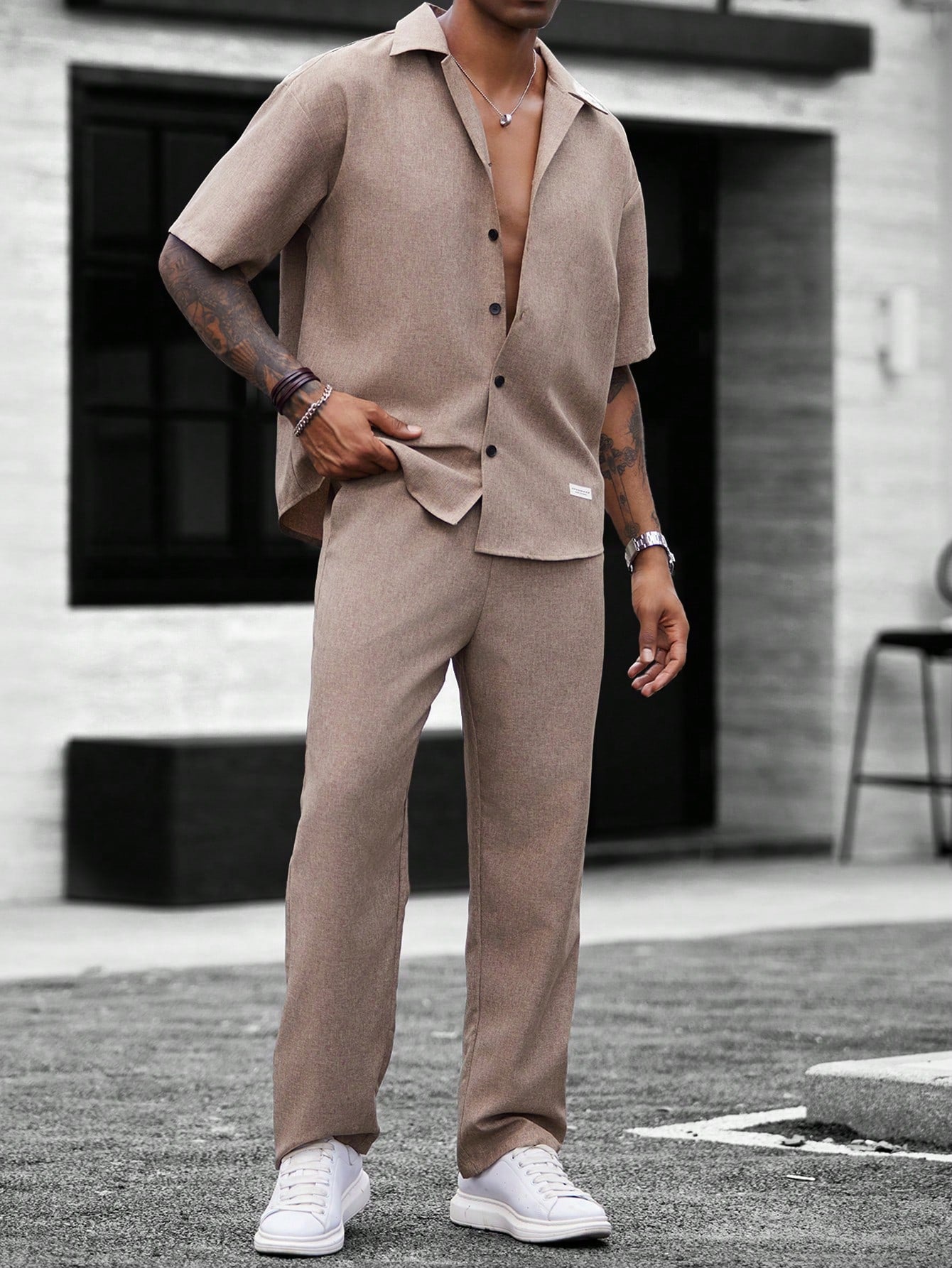 Conjunto Masculino Camisa Textura Linho E Calça Casual Elegante Caqui / PP Conjunto Masculino Camisa Textura Linho E