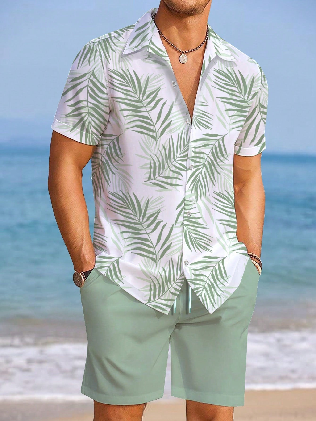 Conjunto Masculino Camisa Estampa Tropical E Shorts Casuais Verde / PP Conjunto Masculino Camisa Estampa Tropical E