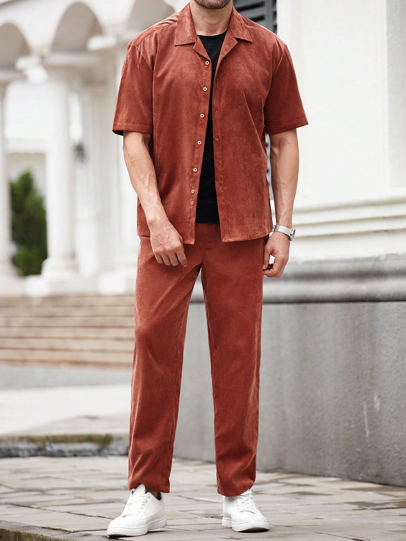 Conjunto Masculino Camisa Manga Curta Com Botões E Calça Casual Terracotta / PP Conjunto Masculino Camisa Manga Curta