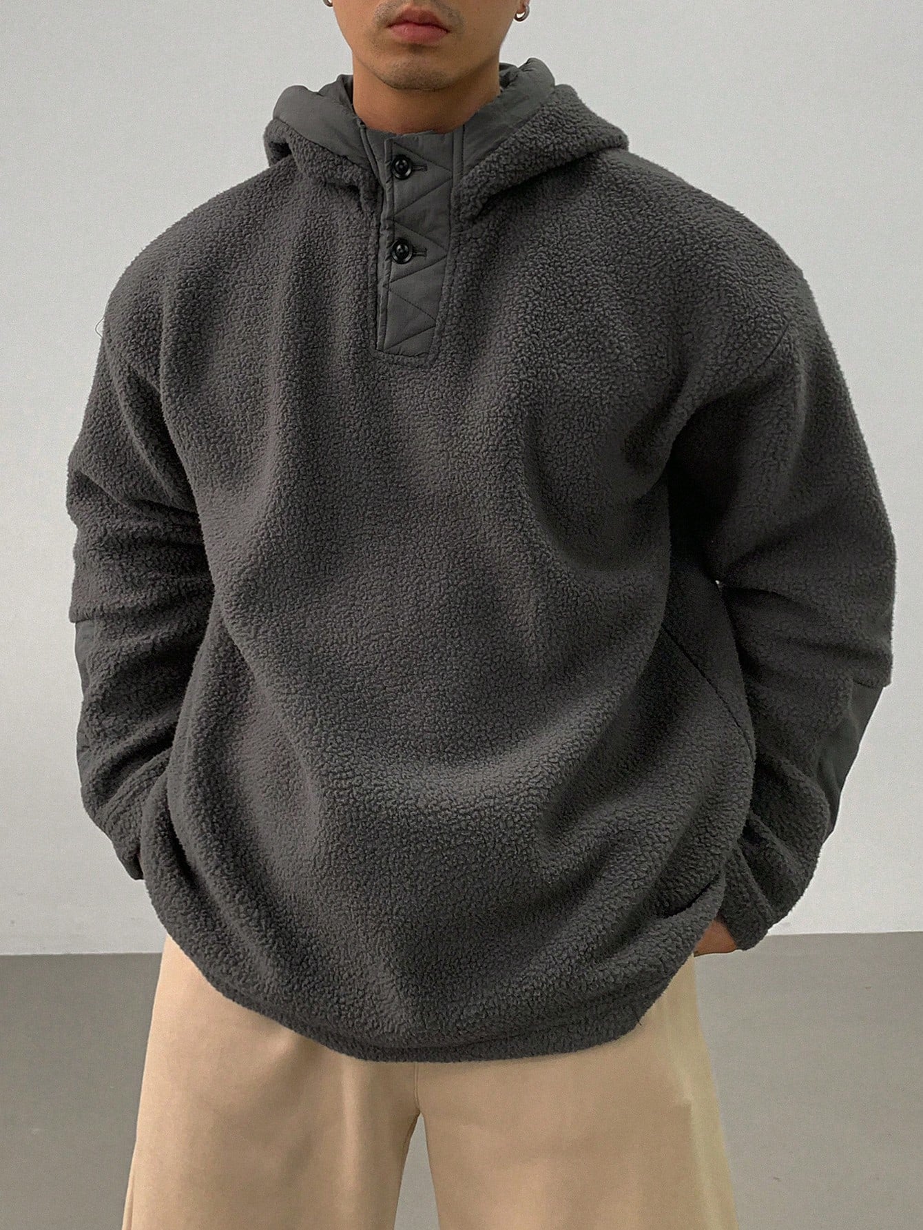 Moletom Masculino Forrado Com Capuz E Botões Cinza / PP Moletom Masculino Forrado Com Capuz E Botões