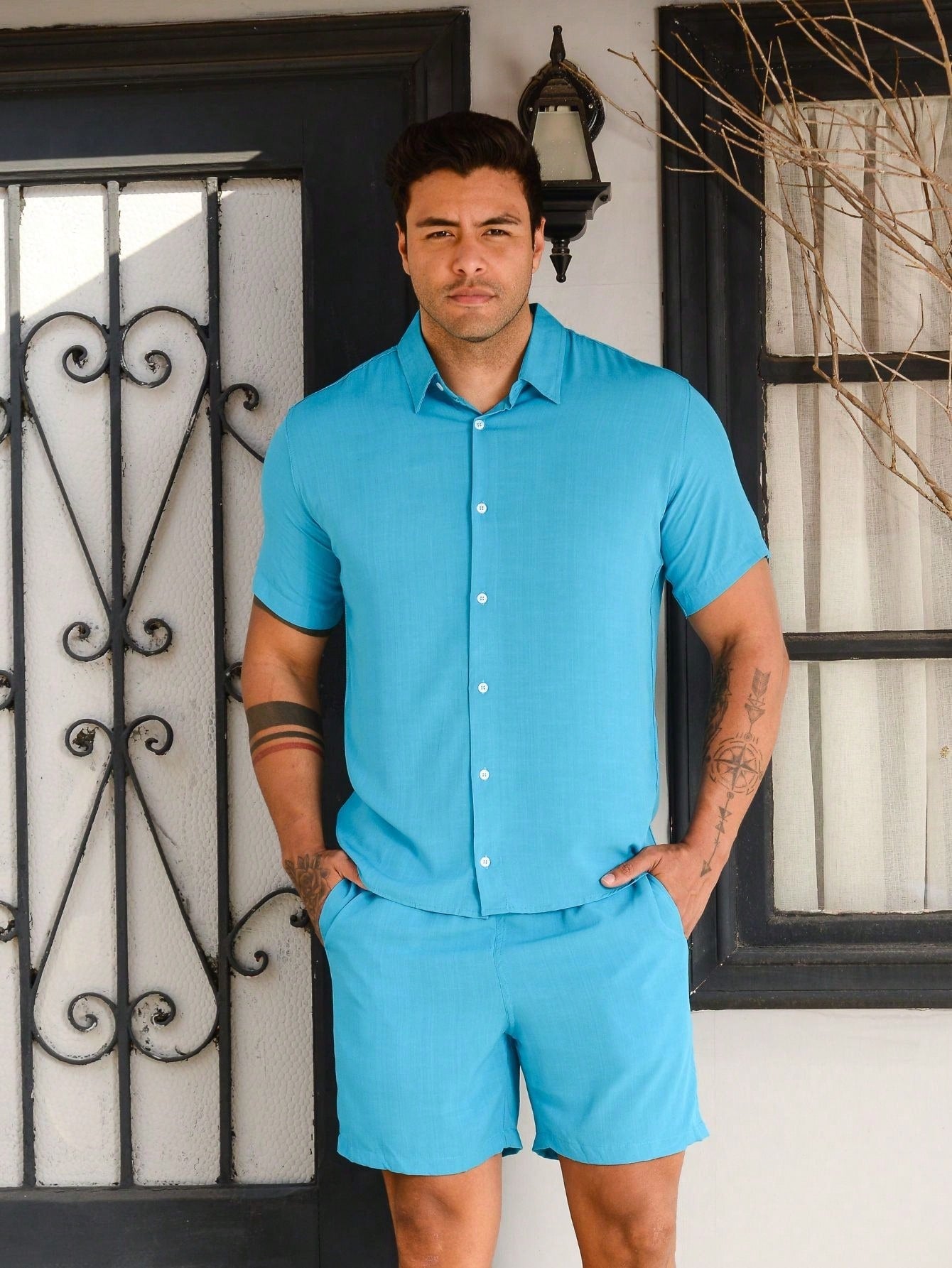 Conjunto Masculino Camisa De Botão E Bermuda Em Linho Azul / PP Conjunto Masculino Camisa De Botão E Bermuda Em Linho