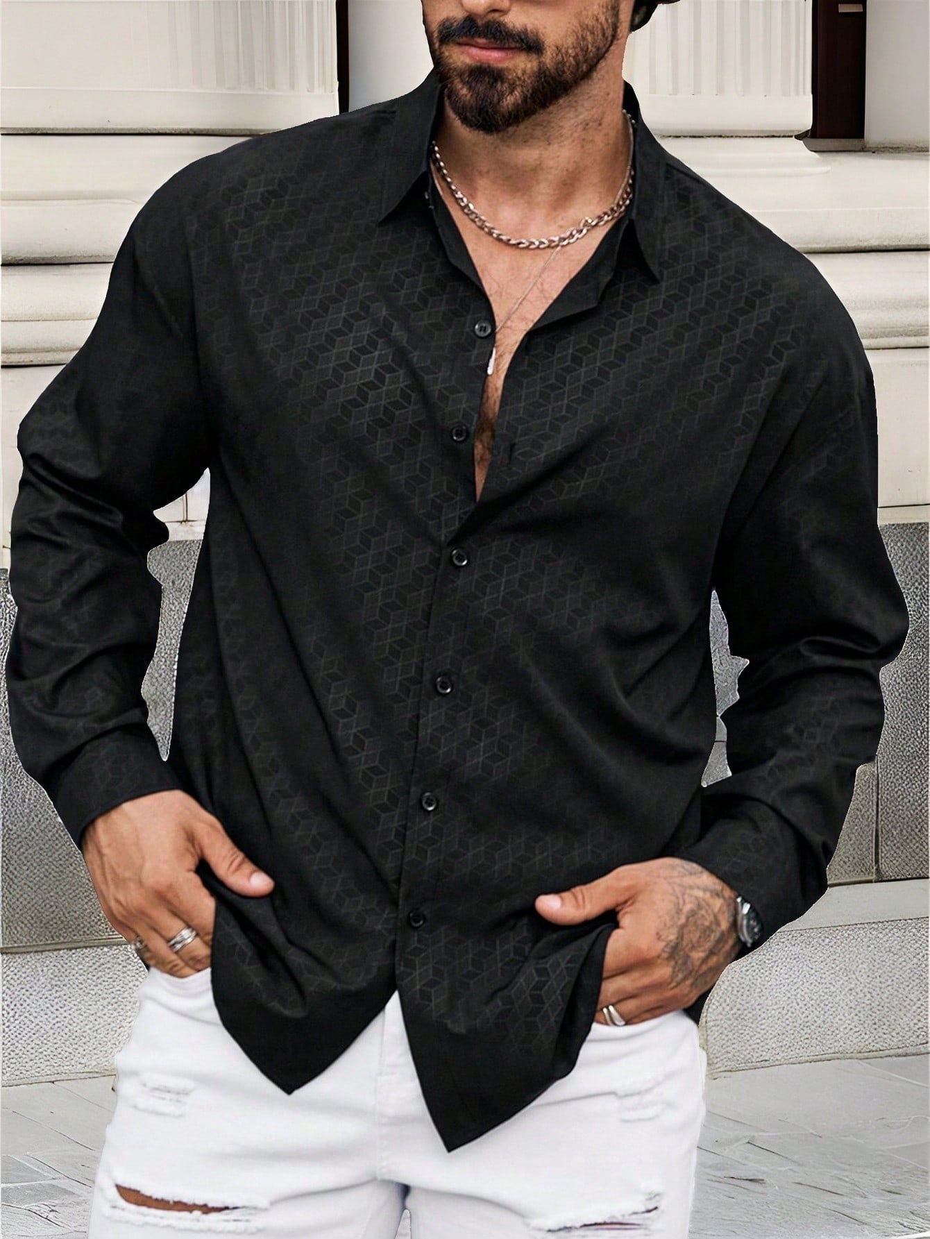 Camisa Masculina De Botão Estampa Discreta Corte Sofisticado Preto / PP Camisa Masculina De Botão Estampa Discreta