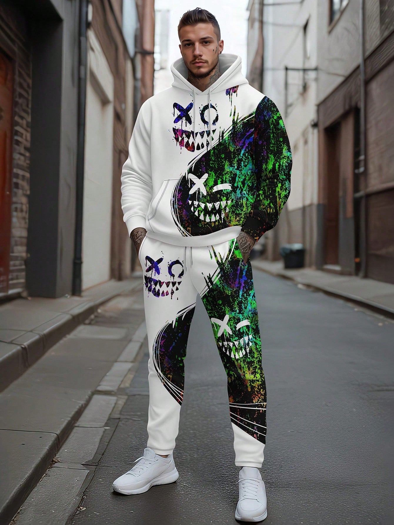 Conjunto Masculino Moletom Street Art Com Estampa Criativa Branco / PP Conjunto Masculino Moletom Street Art Com