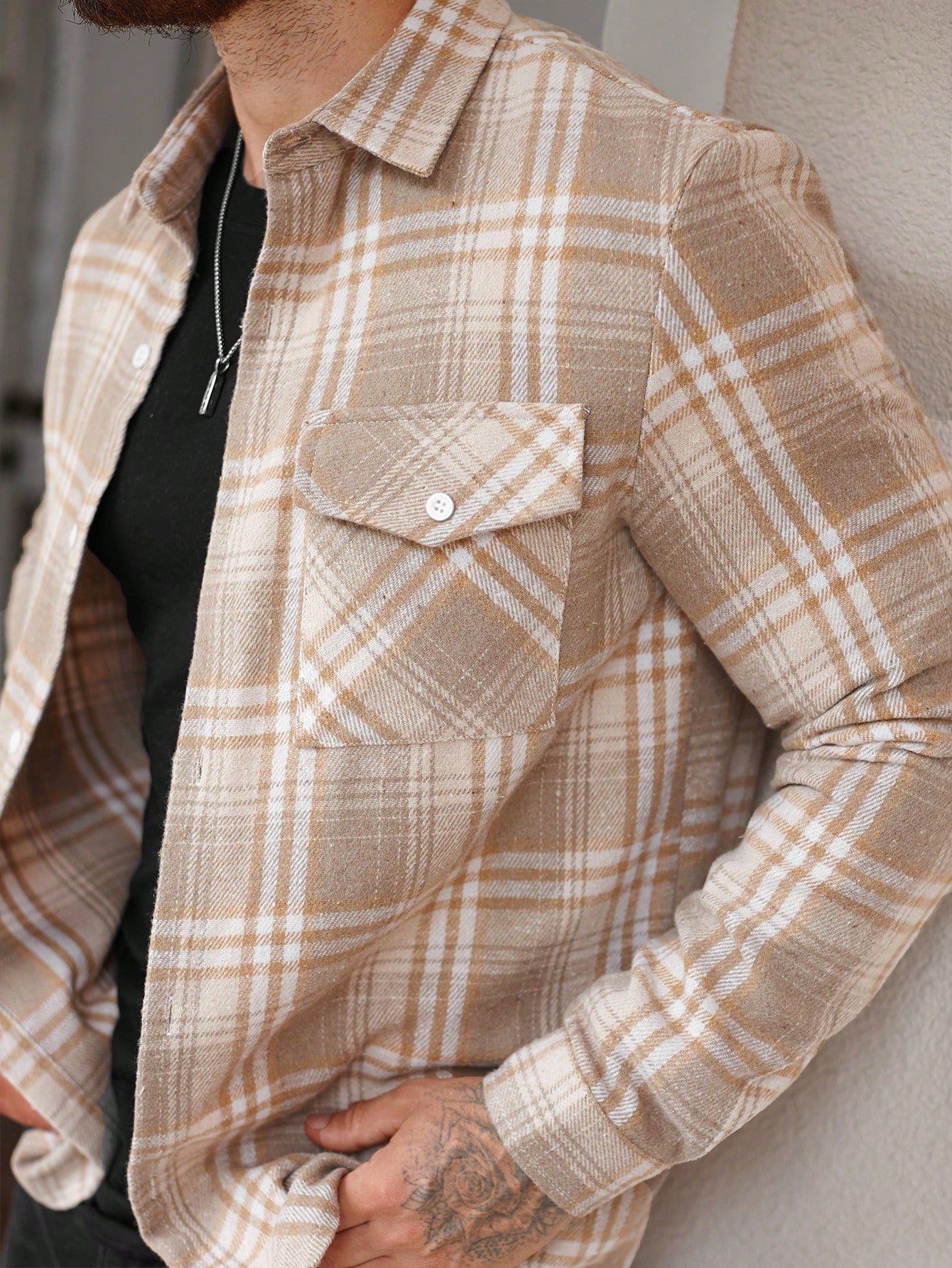 Moletom Masculino Xadrez Estilo Shacket Com Bolsos Utilitários Damasco / PP Moletom Masculino Xadrez Estilo Shacket Com