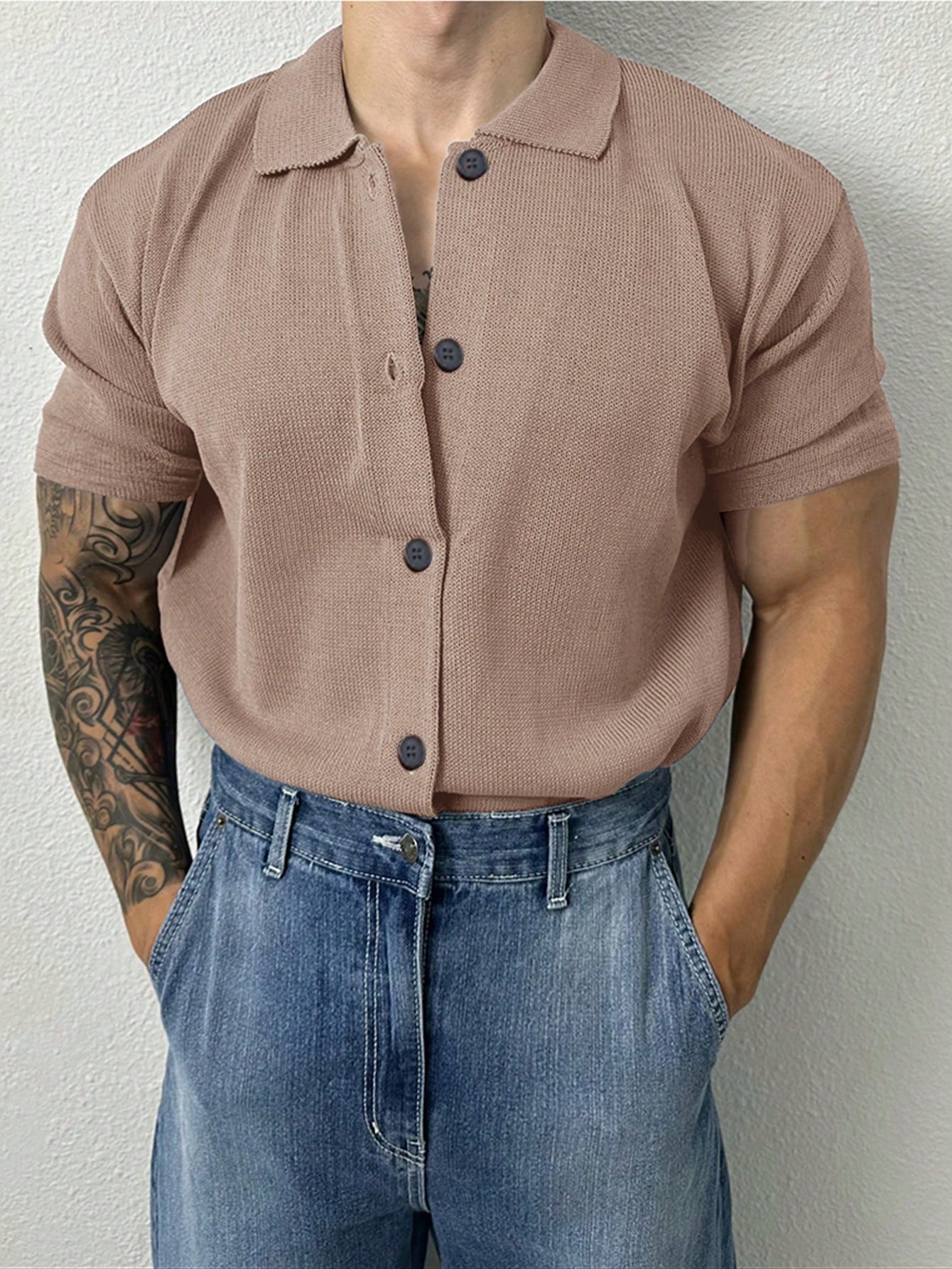 Camisa Masculina De Botão Tecido Malha Caimento Despojado Marrom / PP Camisa Masculina De Botão Tecido Malha Caimento